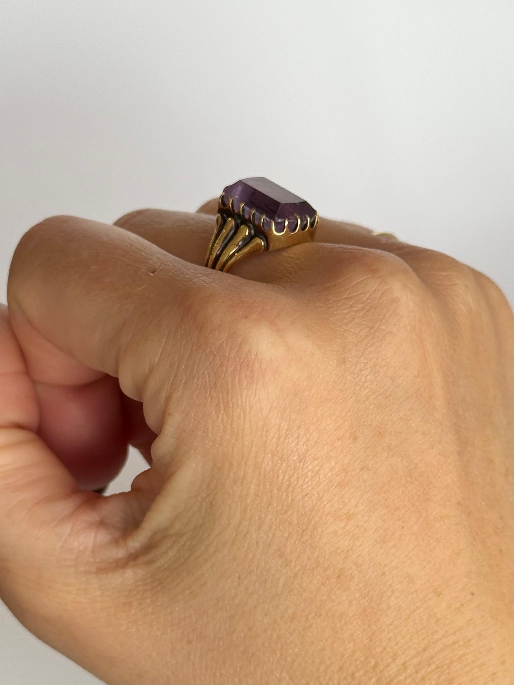 The amethyst in this ring is a gorgeous pale purple colour and is complimented by the 18 carat yellow gold. Fully hallmarked Birmingham 1881.

Ring Size: Q or 8 1/4 
Stone Dimensions: 14x10mm 

Weight: 7.4g