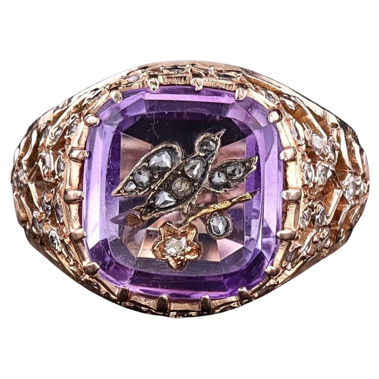 Victorian Amethyst and Bird Ring of 18k Gold For Sale