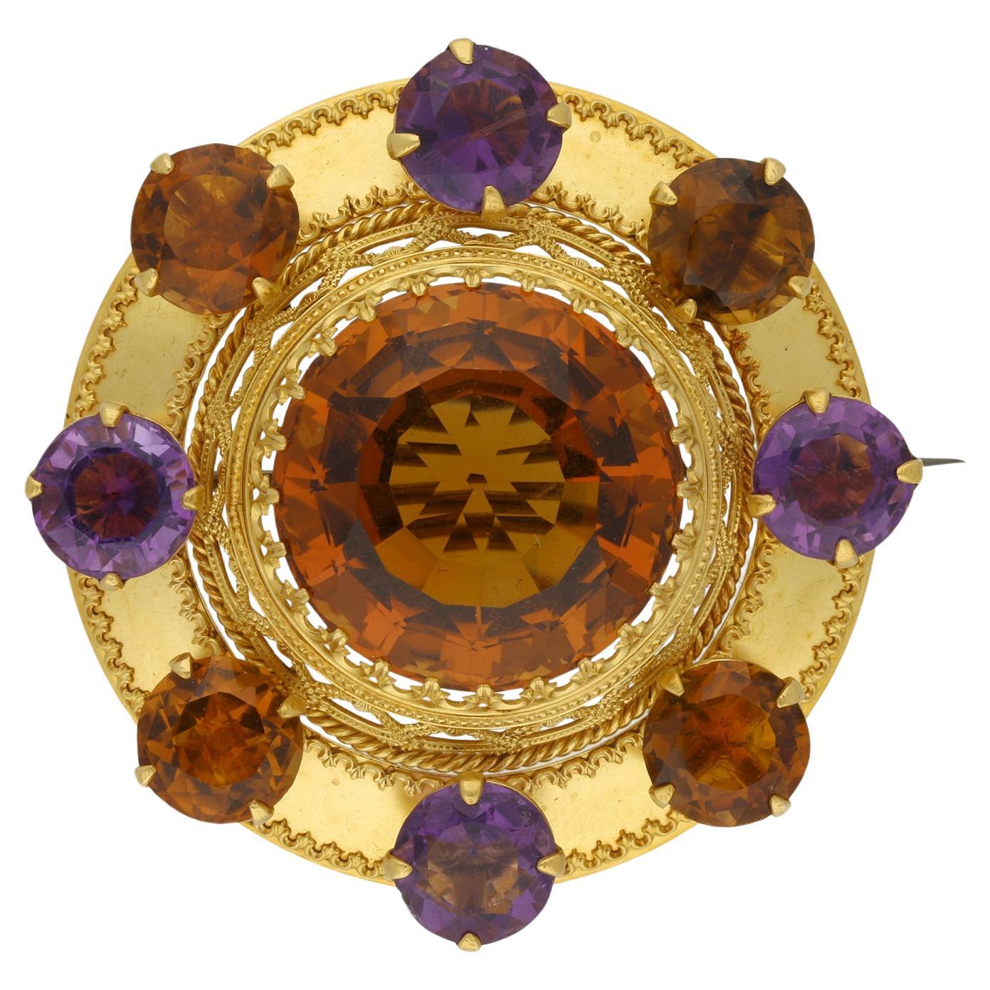 Victorian amethyst and citrine brooch, circa 1860. For Sale