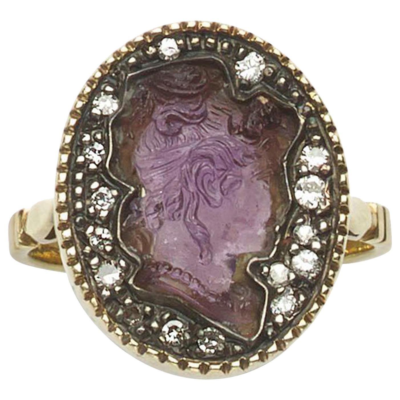 Victorian Amethyst and Diamond Cameo Ring