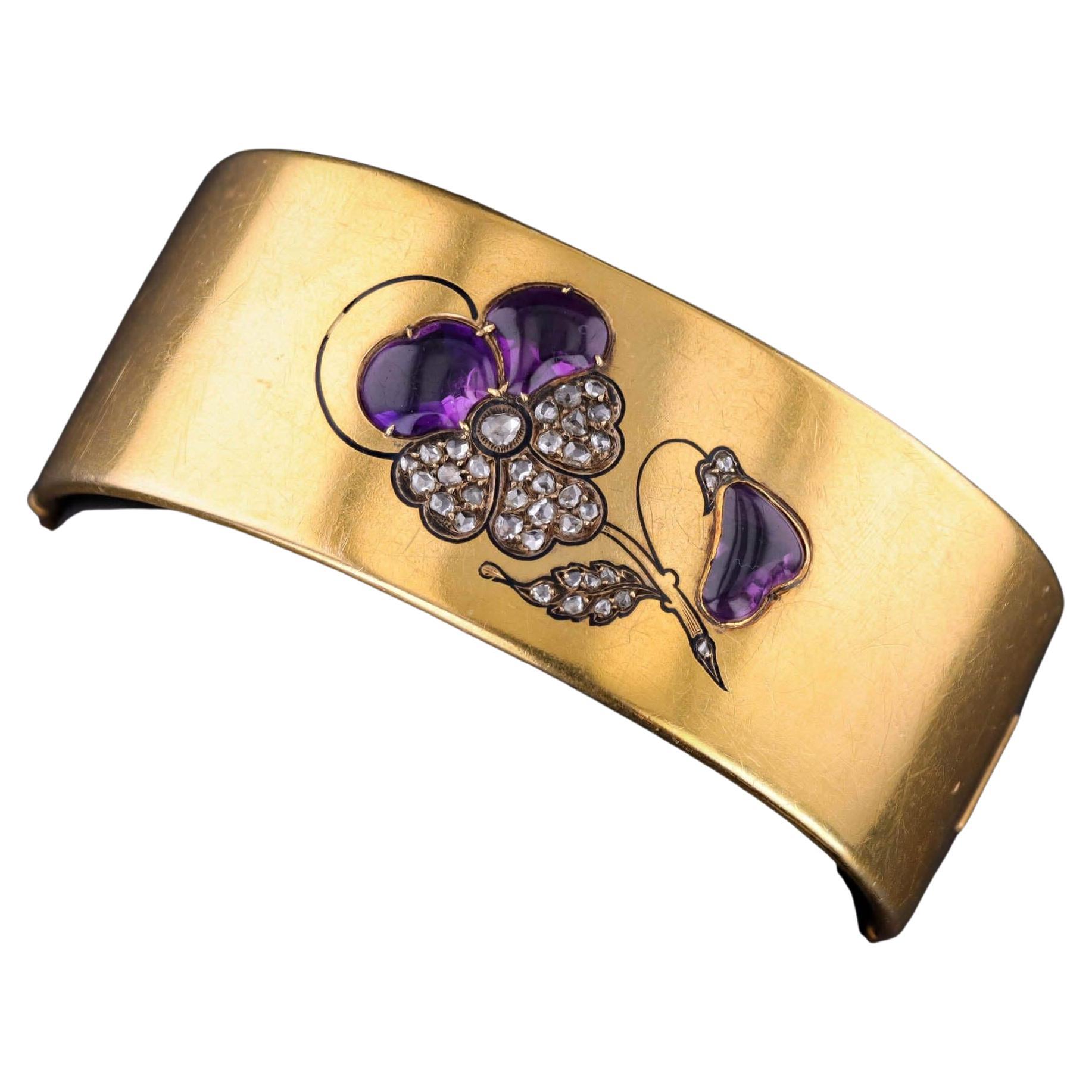 Victorian Amethyst and Diamond Pansy Bangle of 18k Gold