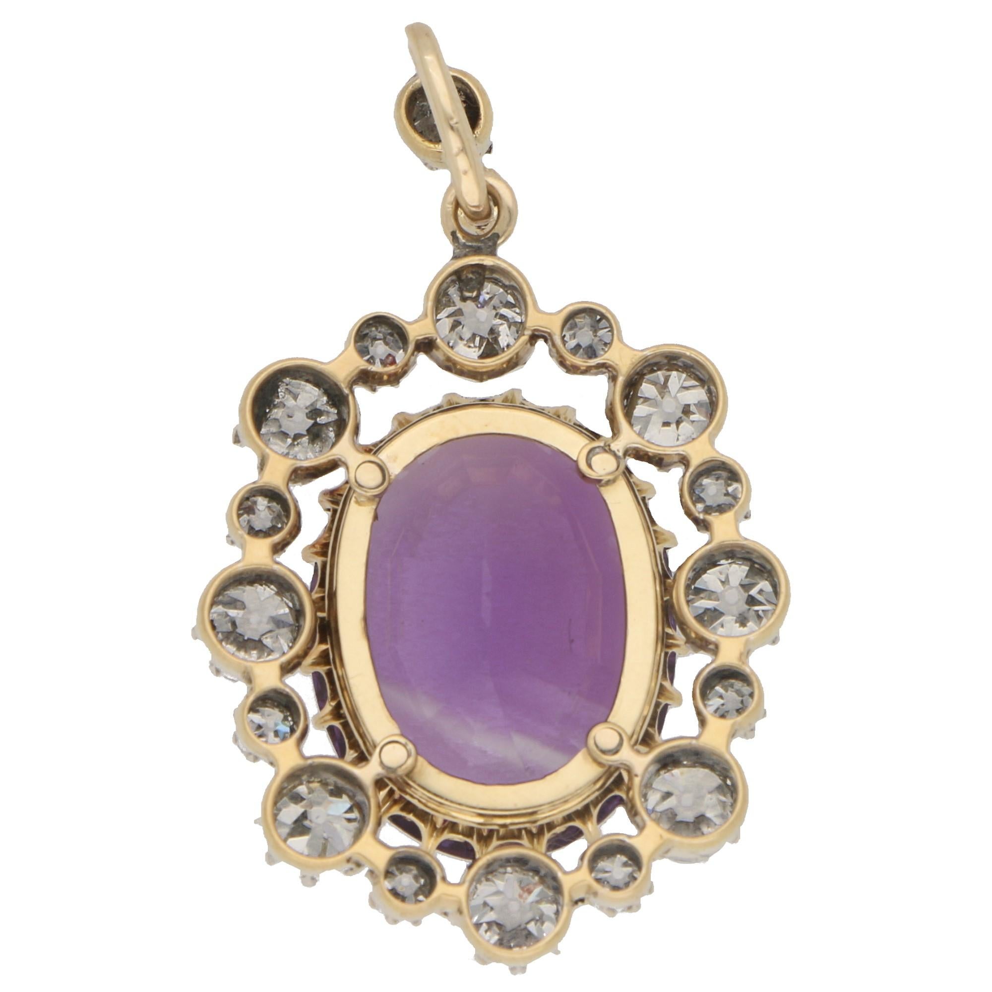 Late Victorian Victorian Amethyst and Diamond Pendant in Silver on Gold