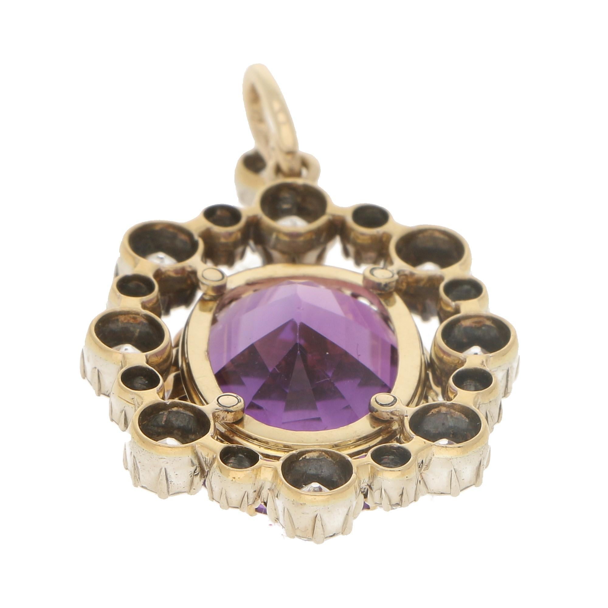 Oval Cut Victorian Amethyst and Diamond Pendant in Silver on Gold
