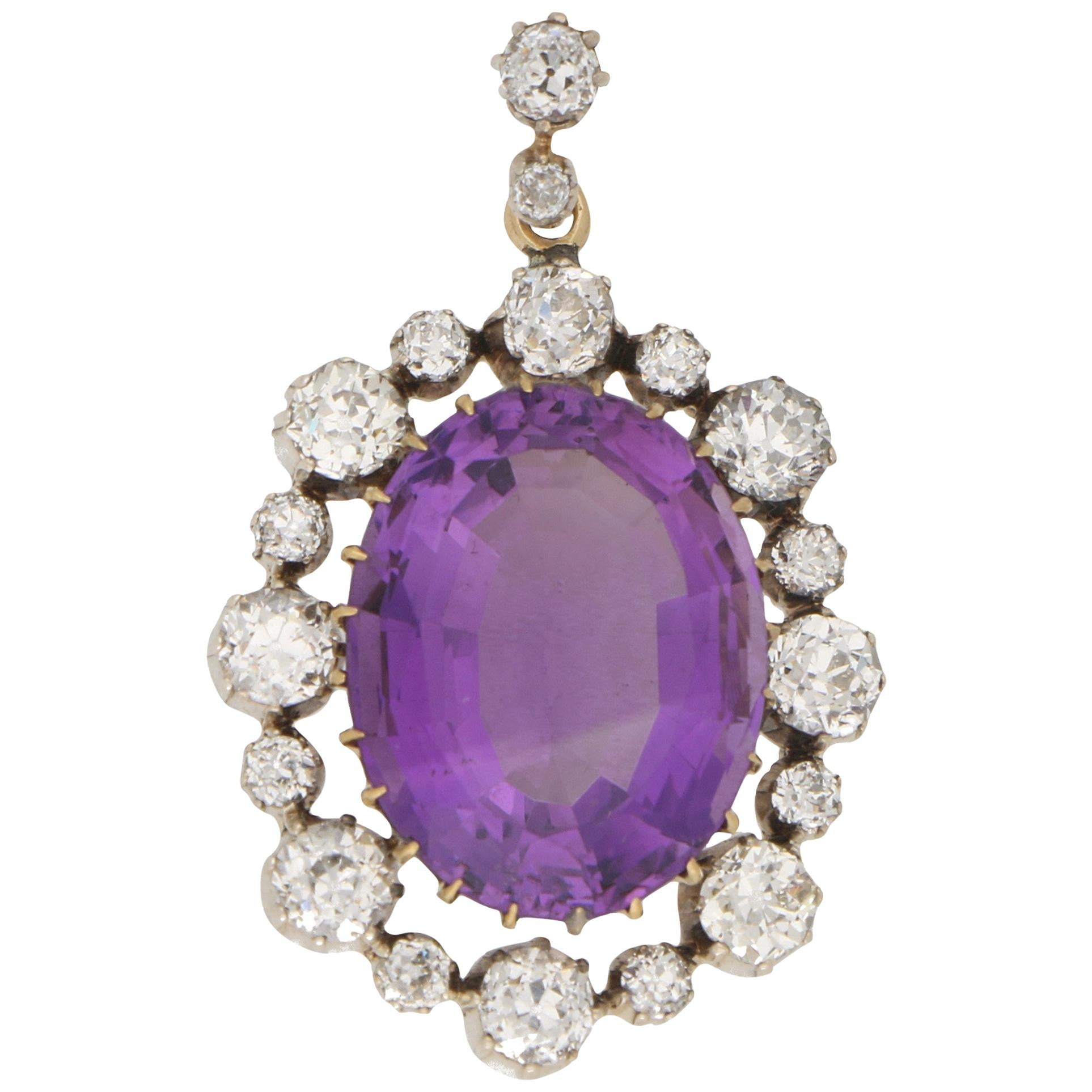 Victorian Amethyst and Diamond Pendant in Silver on Gold