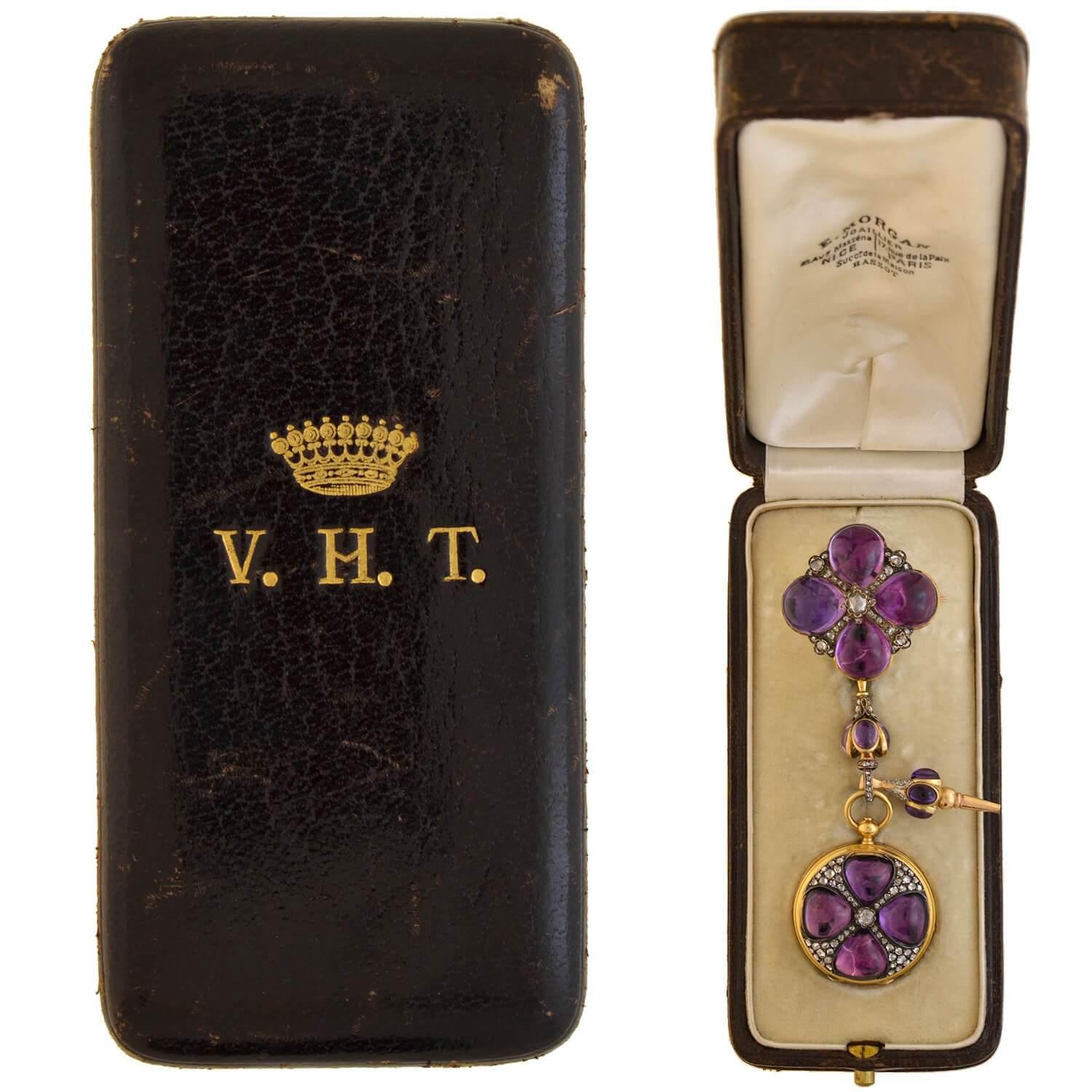 Victorian Amethyst and Diamond Pocket Watch Pin in Original Box 4