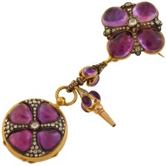 Victorian Amethyst and Diamond Pocket Watch Pin in Original Box