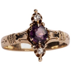 Antique Victorian Amethyst and Diamond Three-Stone Yellow Gold Ring
