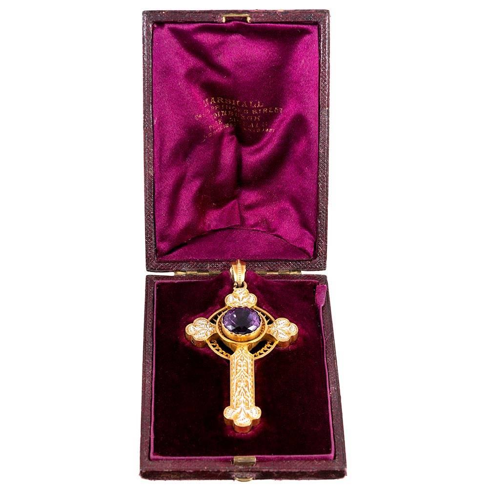 Victorian Amethyst and Enamel Cross Pendant In Good Condition In Carmel-by-the-Sea, CA