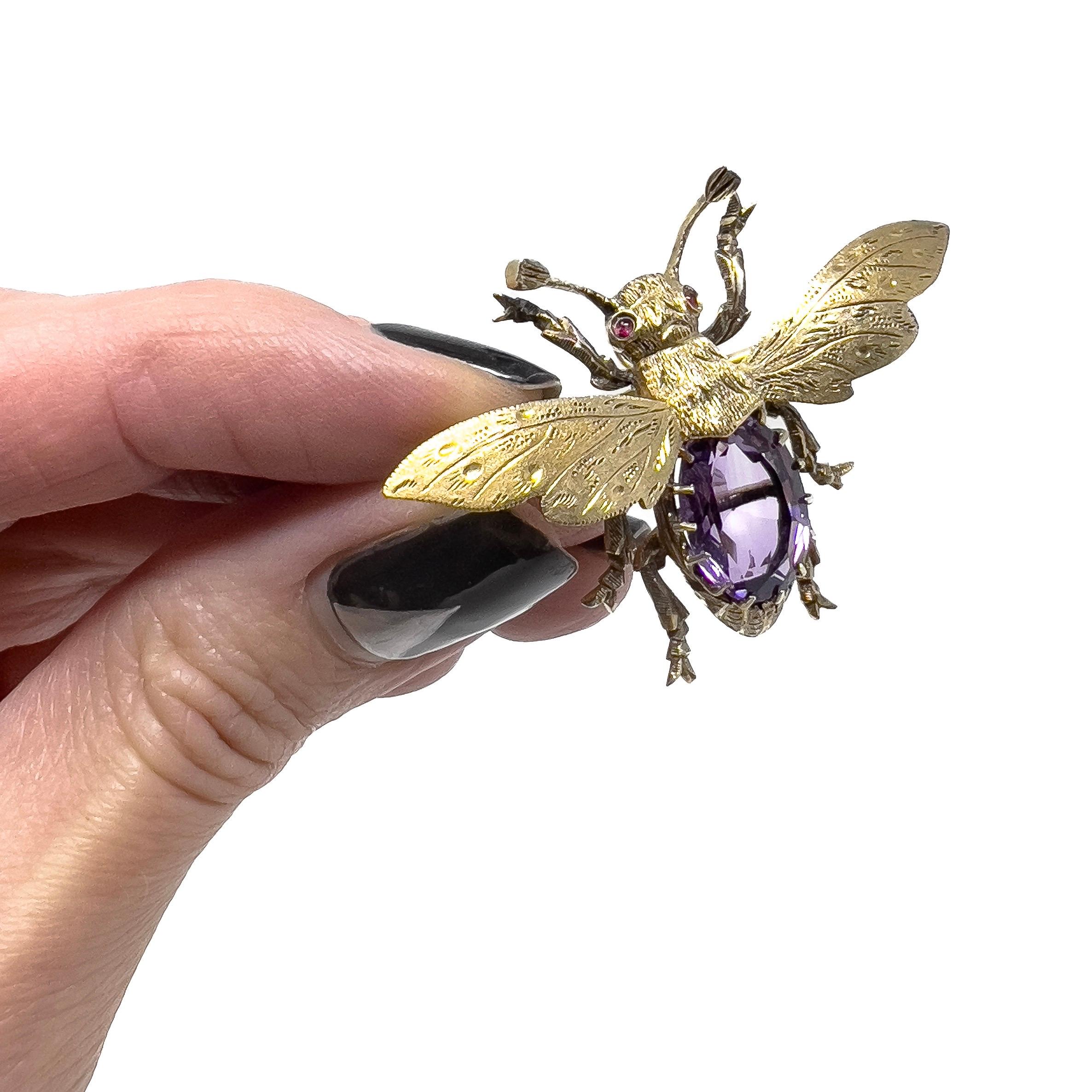 Detailed and beautiful, this brooch was created in the mid 1800s.

Condition Report:
Excellent

The Details...
Although unhallmarked, this brooch has been tested as being constructed from gold plated silver. It features a winged insect design. The