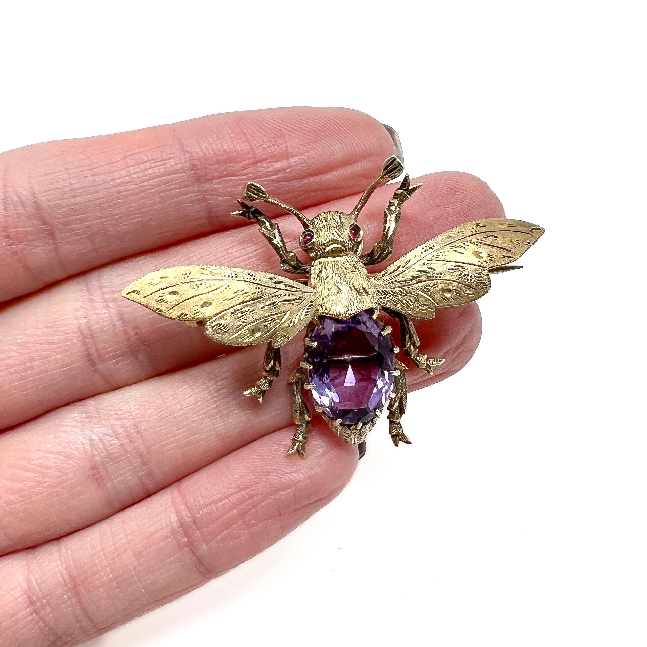 Oval Cut Victorian Amethyst and Gold Plated Silver Antique Insect Pendant/Brooch For Sale