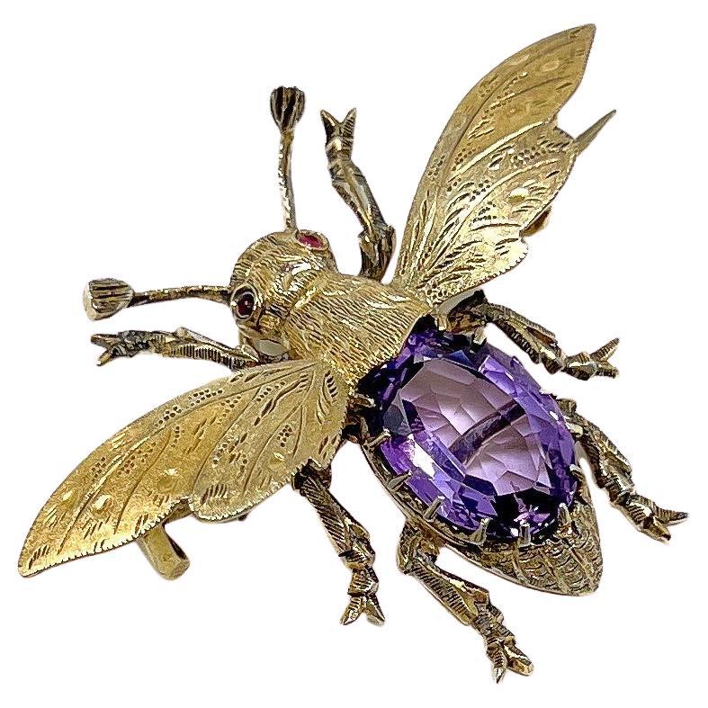 Victorian Amethyst and Gold Plated Silver Antique Insect Pendant/Brooch