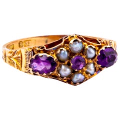 Victorian Amethyst and Pearl 9 Carat Gold Cluster Ring