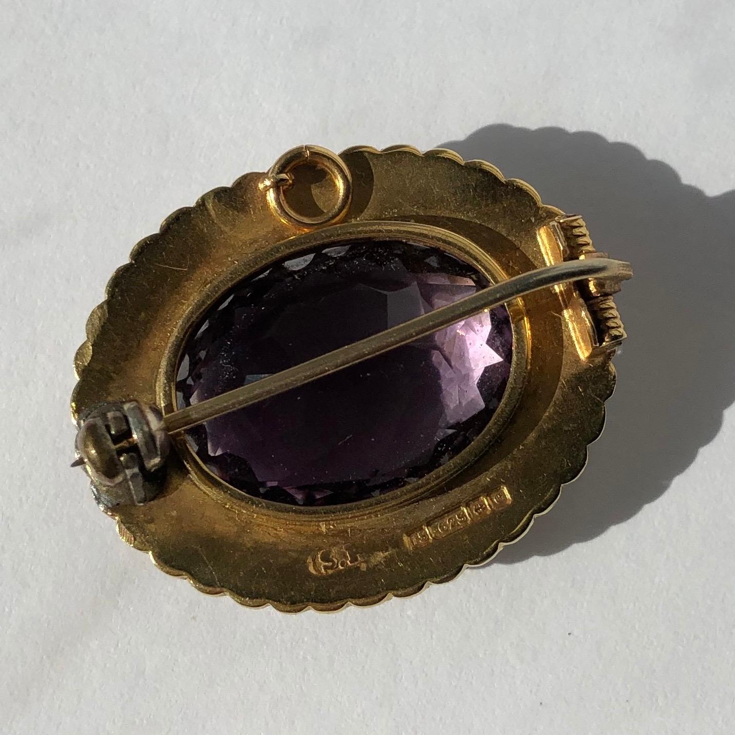 Oval Cut Victorian Amethyst and Pearl Cluster Brooch or Pendant