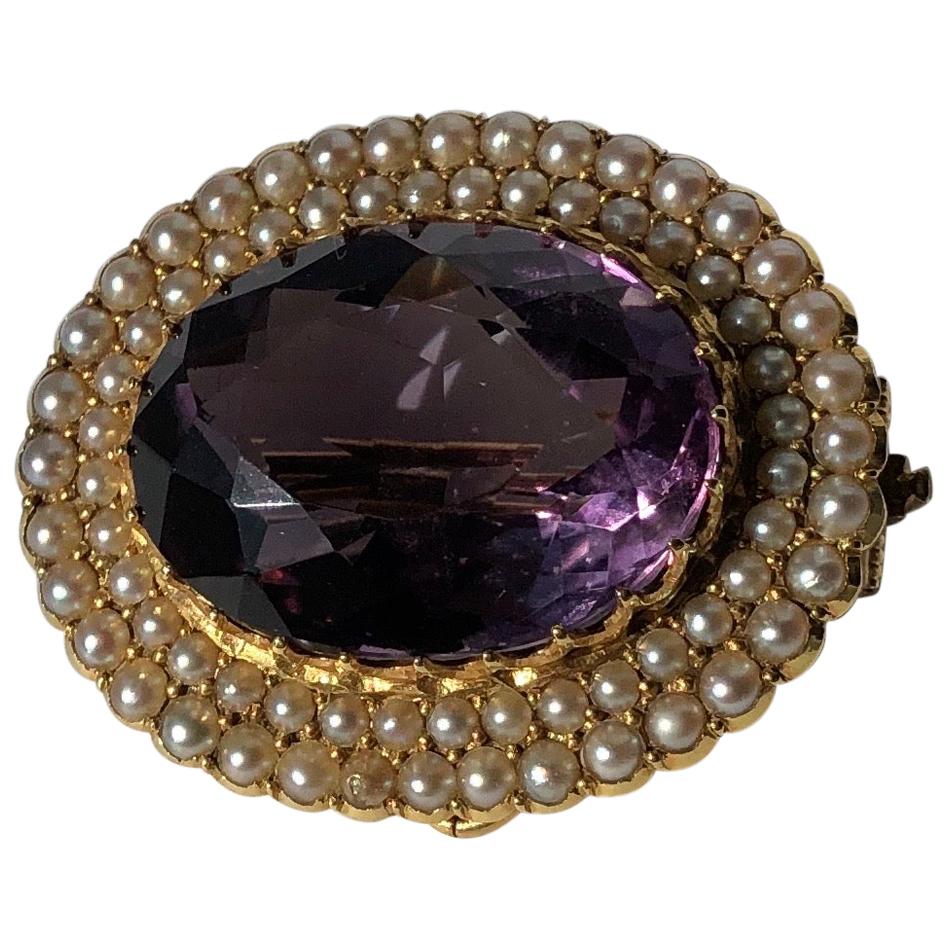 Victorian Amethyst and Pearl Cluster Brooch or Pendant