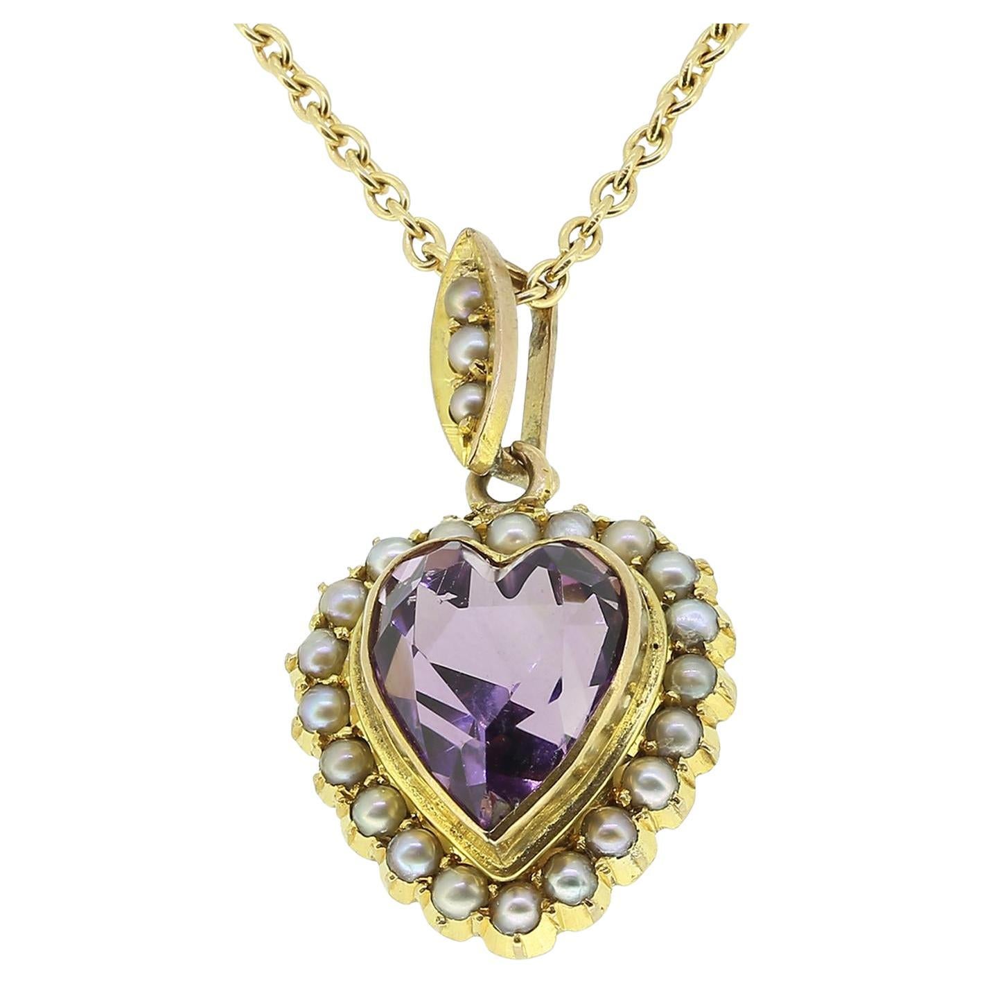 Victorian Amethyst and Pearl Heart Pendant Necklace