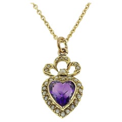 Antique Victorian Amethyst and Pearl Heart Pendant Necklace