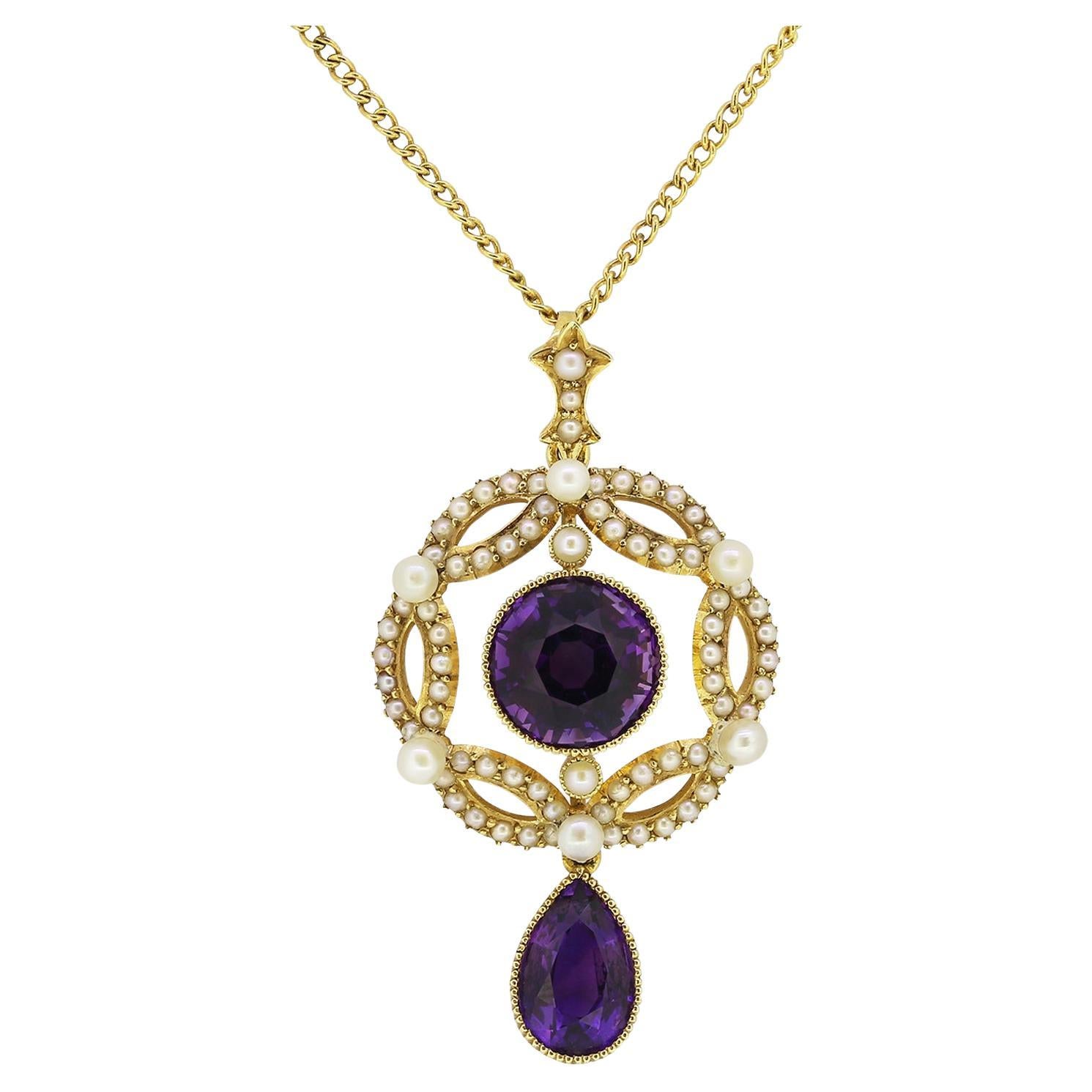 Victorian Amethyst and Pearl Pendant Necklace