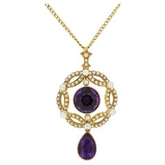 Used Victorian Amethyst and Pearl Pendant Necklace