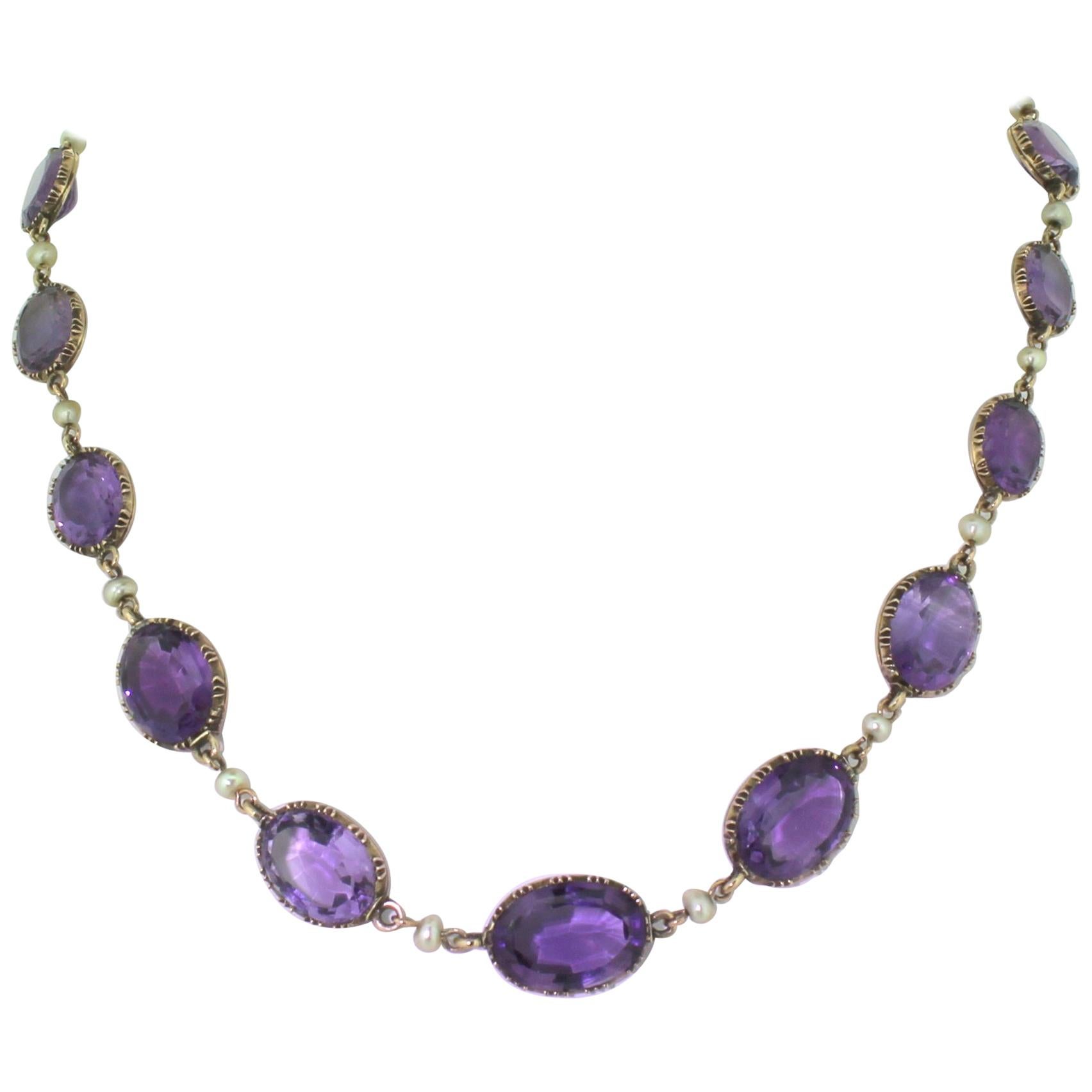 Victorian Amethyst and Pearl Riviere Necklace For Sale