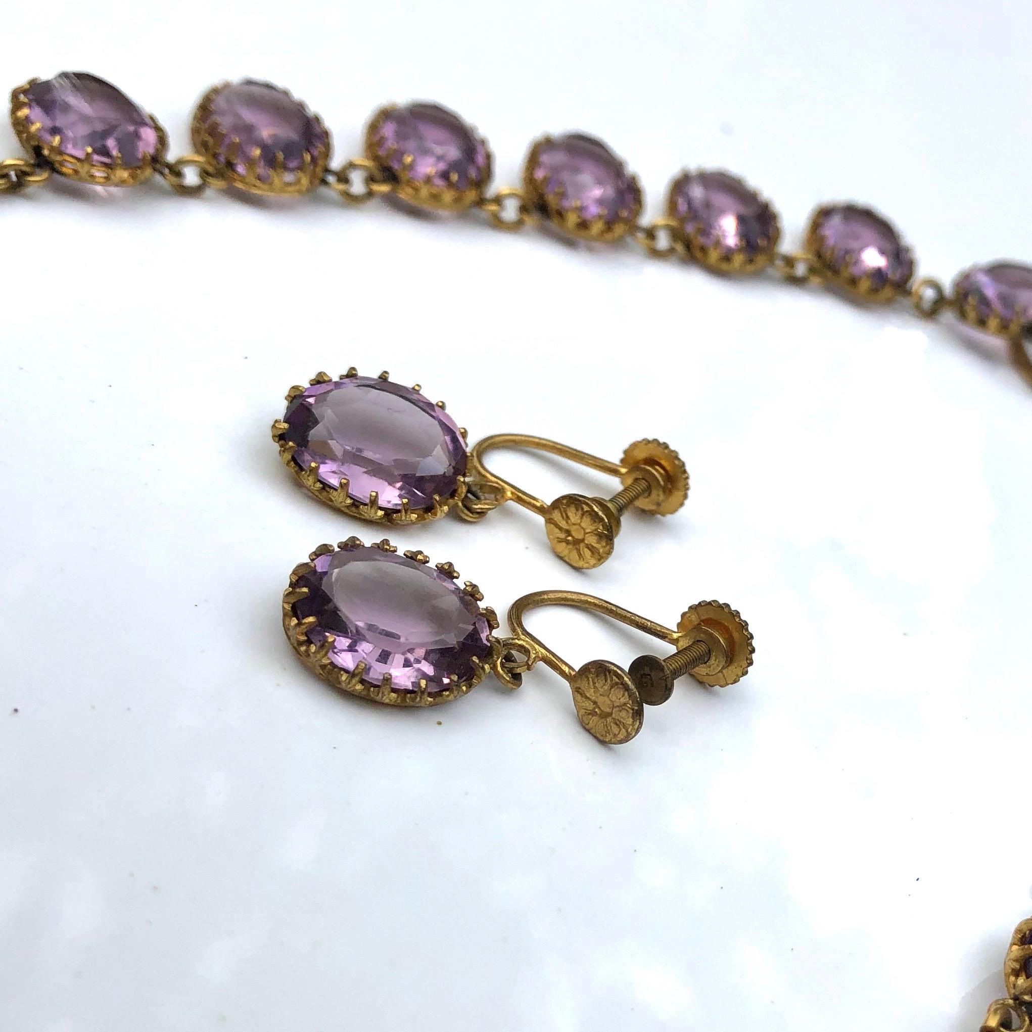 Oval Cut Victorian Amethyst and Pinch Riviere and Earring Set