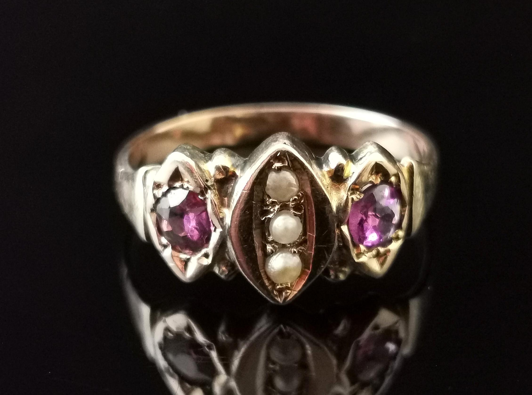 Victorian Amethyst and Seed Pearl Navette Ring, 9 Karat Rose Gold 5