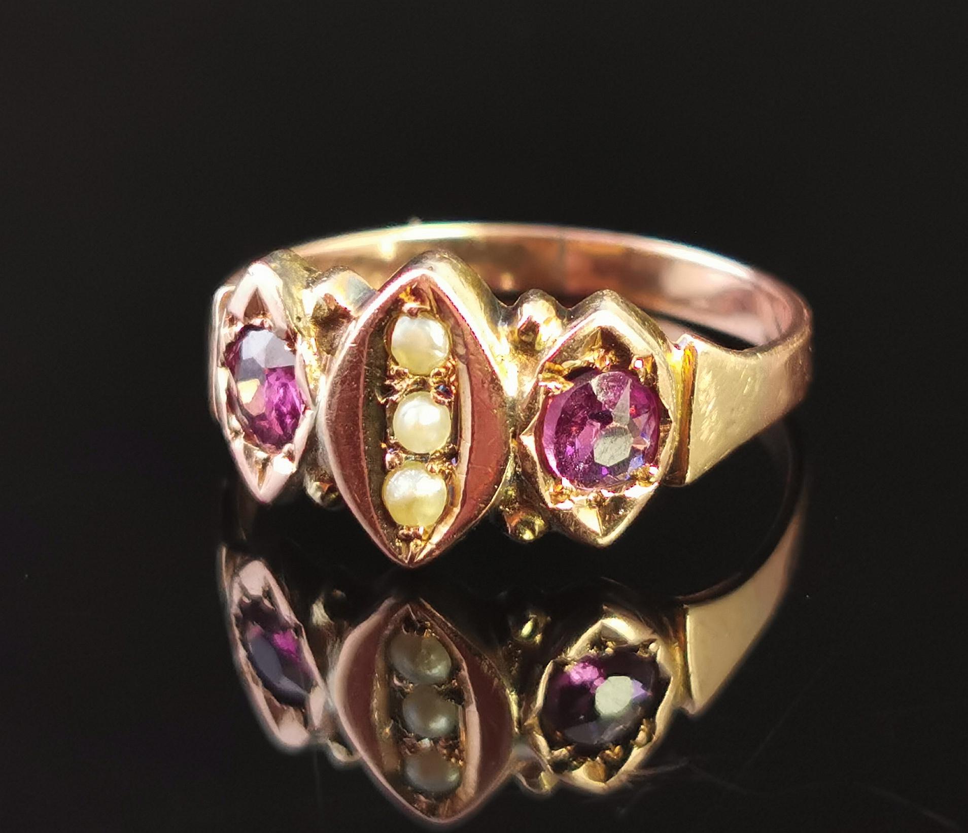 Victorian Amethyst and Seed Pearl Navette Ring, 9 Karat Rose Gold 6