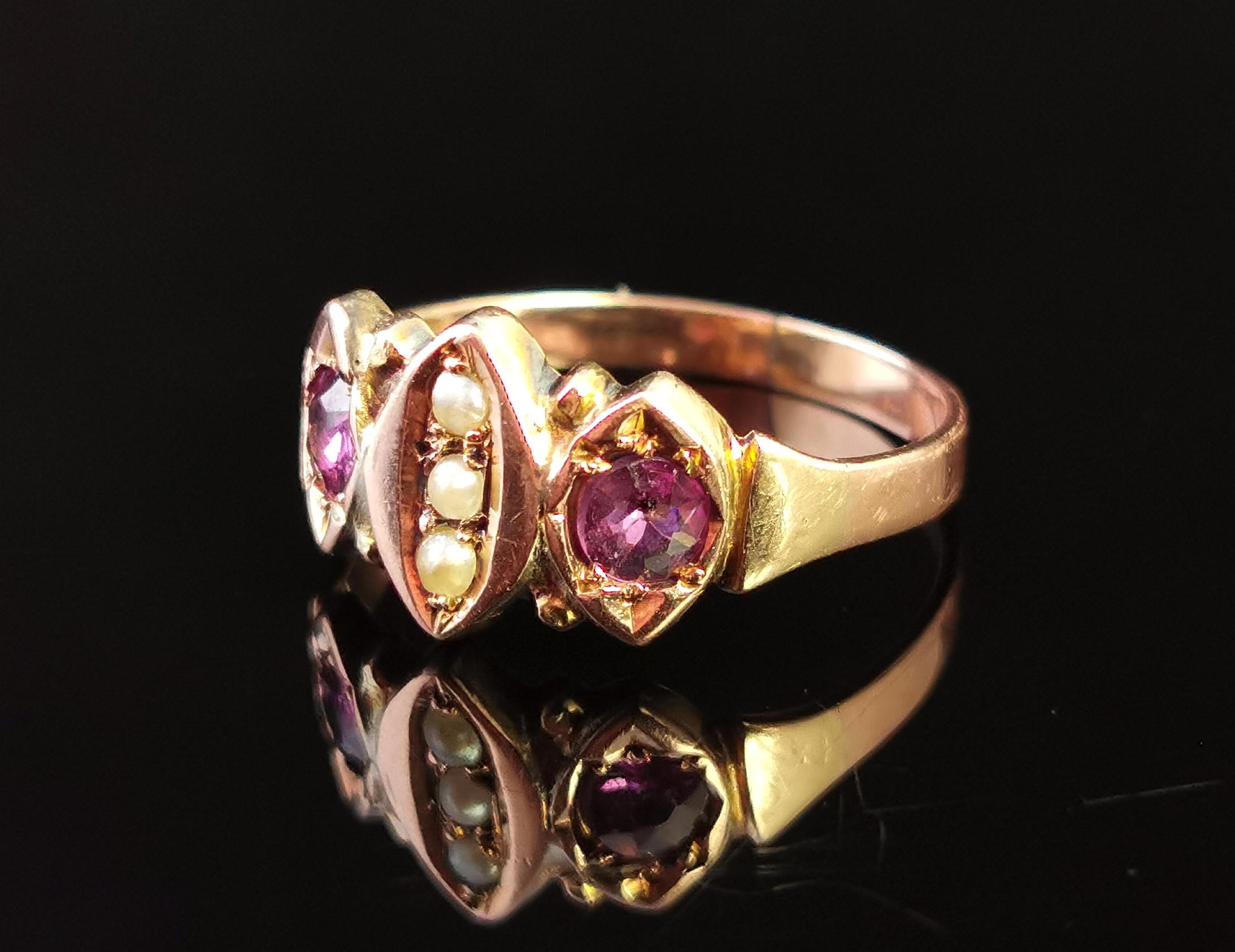 Victorian Amethyst and Seed Pearl Navette Ring, 9 Karat Rose Gold 7