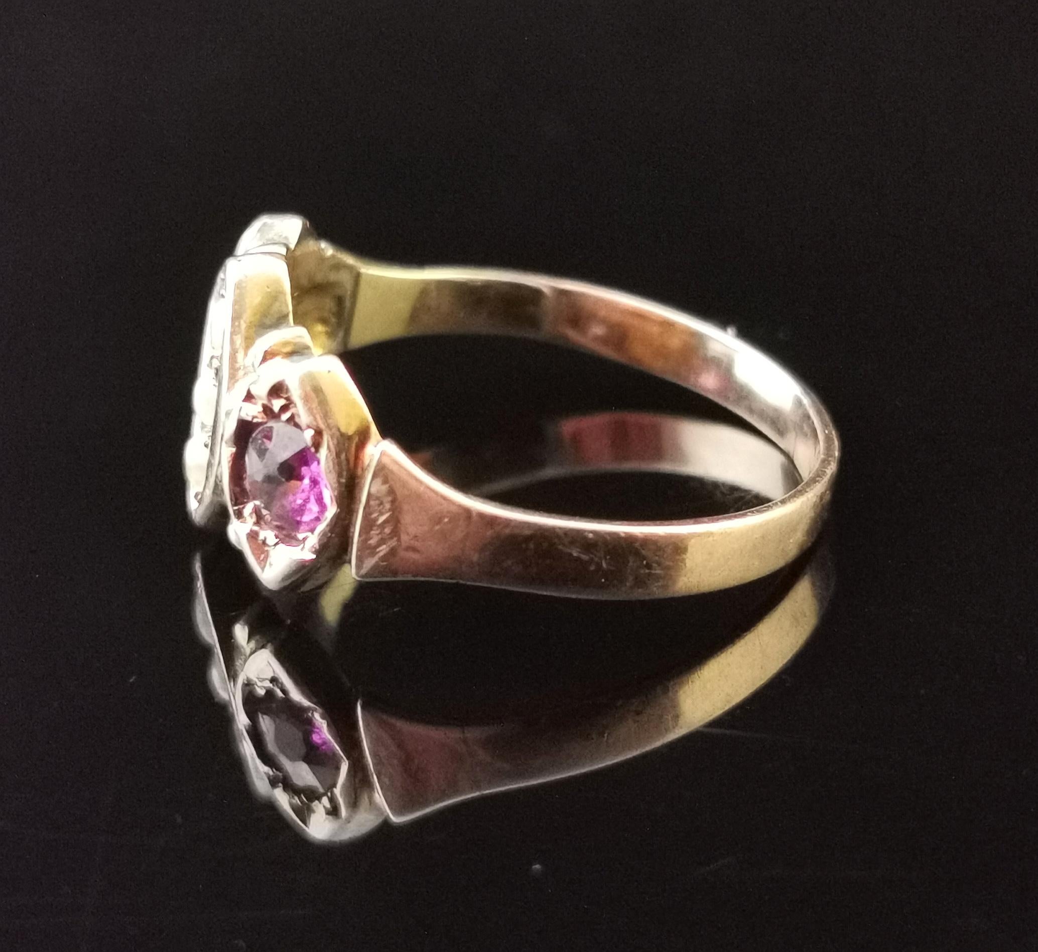 Round Cut Victorian Amethyst and Seed Pearl Navette Ring, 9 Karat Rose Gold