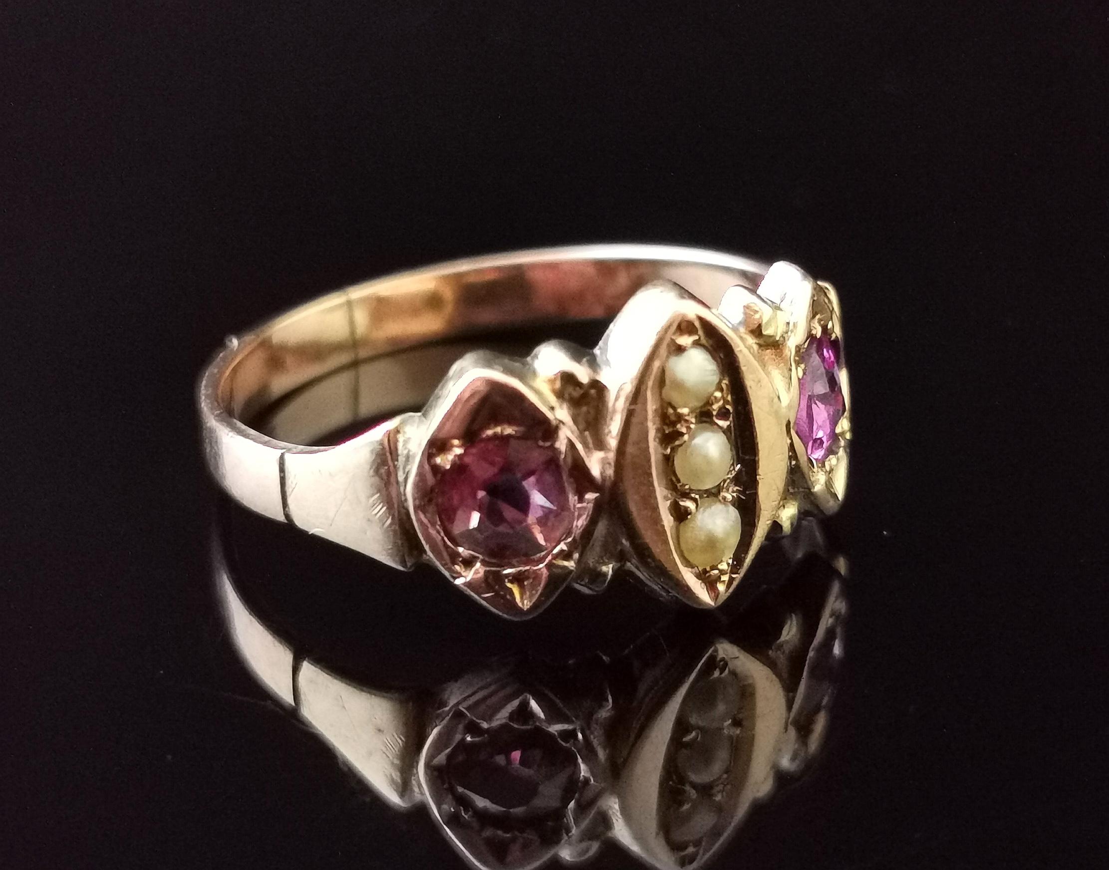 Victorian Amethyst and Seed Pearl Navette Ring, 9 Karat Rose Gold In Fair Condition In NEWARK, GB