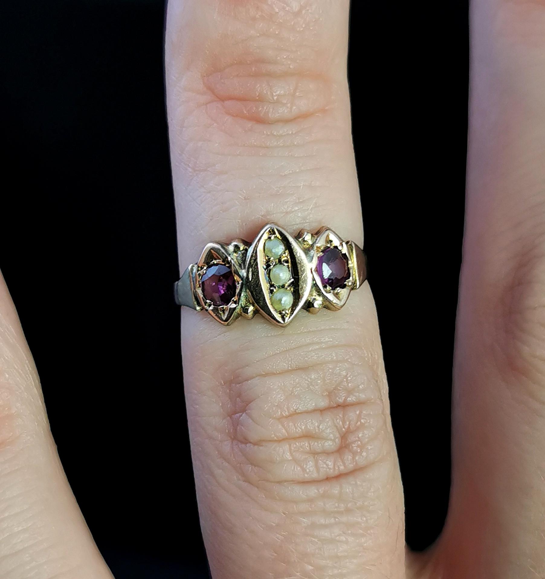 Women's Victorian Amethyst and Seed Pearl Navette Ring, 9 Karat Rose Gold