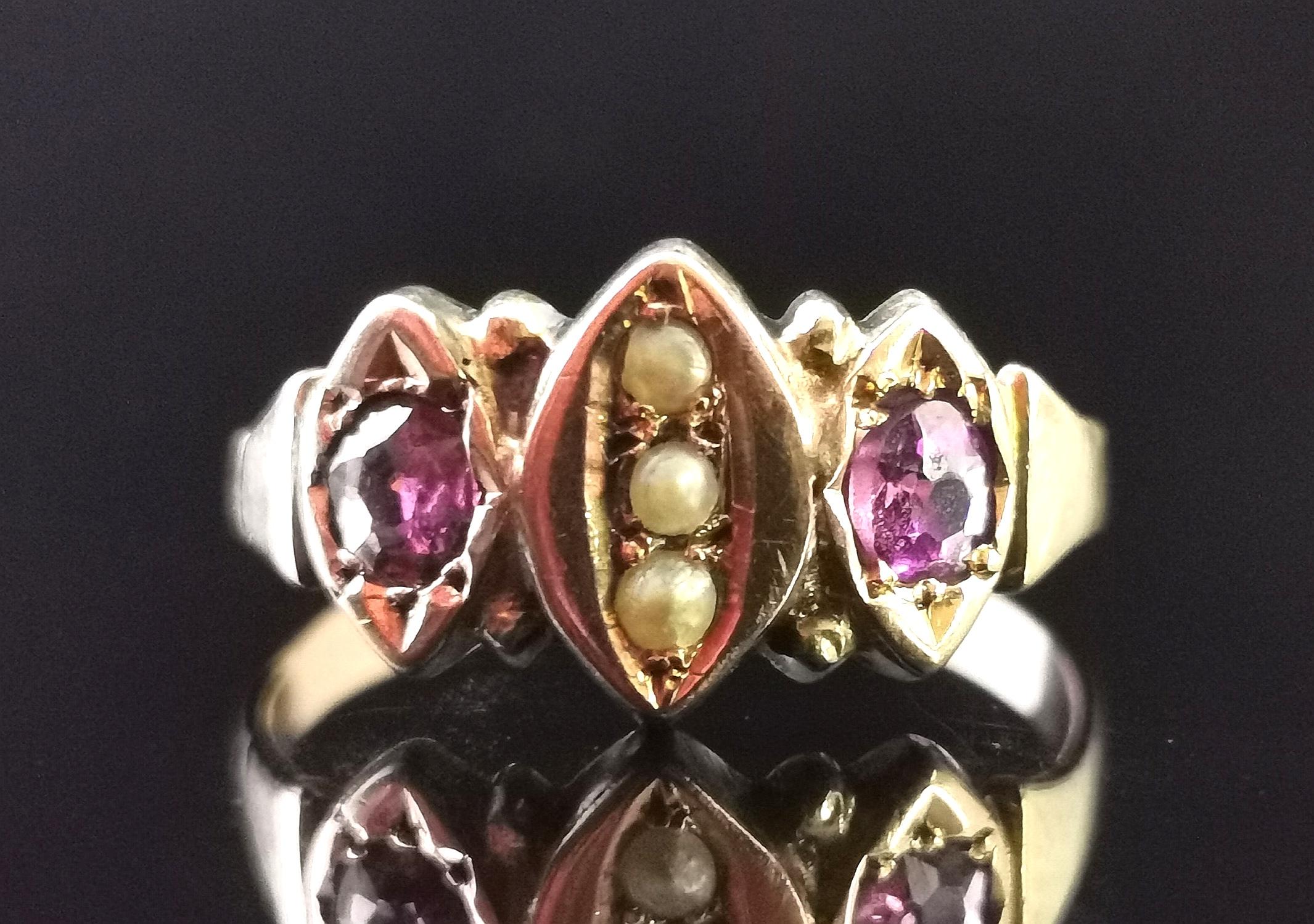 Victorian Amethyst and Seed Pearl Navette Ring, 9 Karat Rose Gold 3