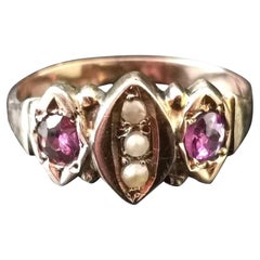 Victorian Amethyst and Seed Pearl Navette Ring, 9 Karat Rose Gold