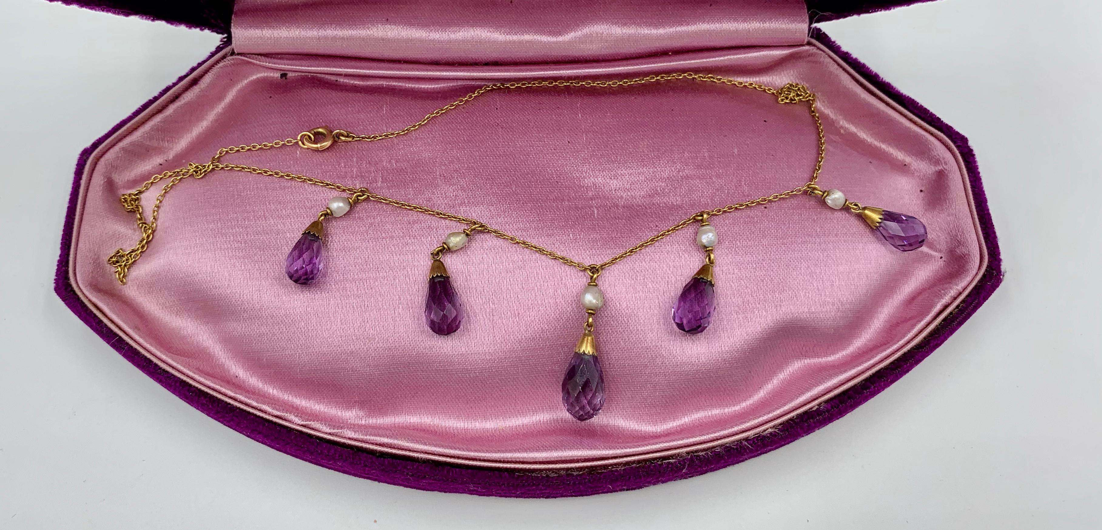 Briolette Cut Victorian Amethyst Briolette Pearl Necklace Antique 14 Karat Gold, circa 1900
