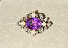 VICTORIAN AMETHYST BROOCH With Diamonds & Pearls