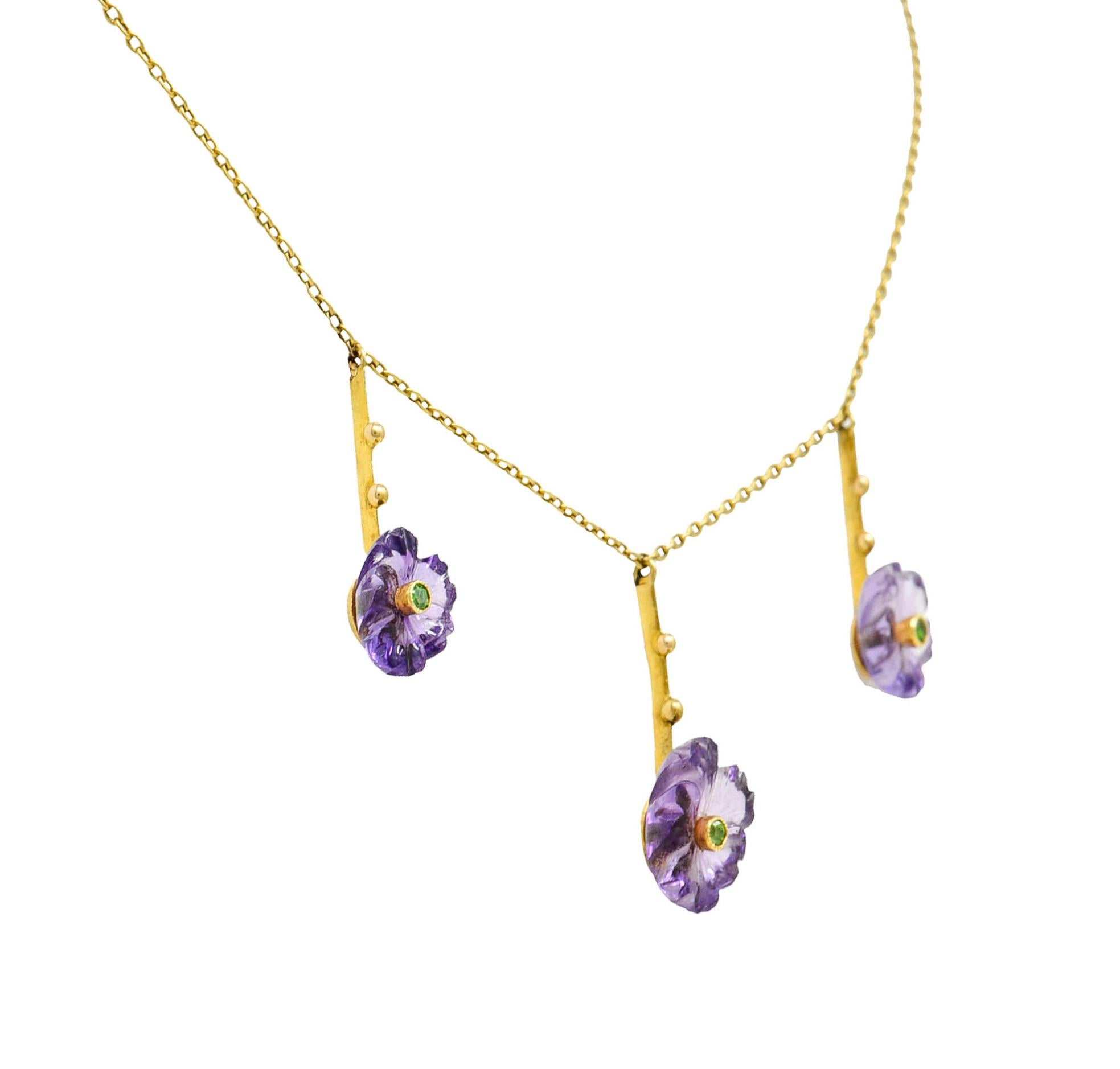 Round Cut Victorian Amethyst Demantoid Garnet 18 Karat Gold Flower Drop Necklace