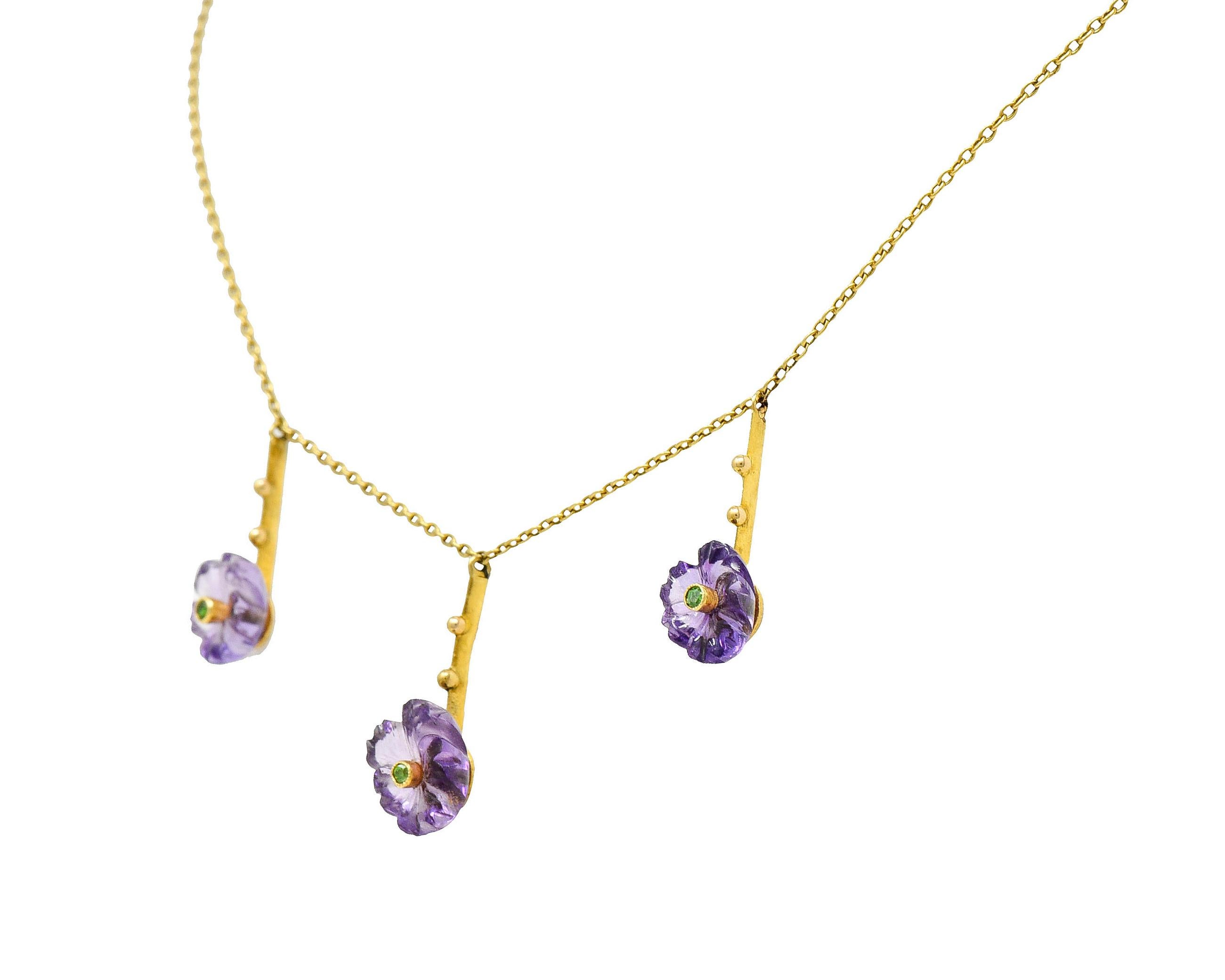 Women's or Men's Victorian Amethyst Demantoid Garnet 18 Karat Gold Flower Drop Necklace