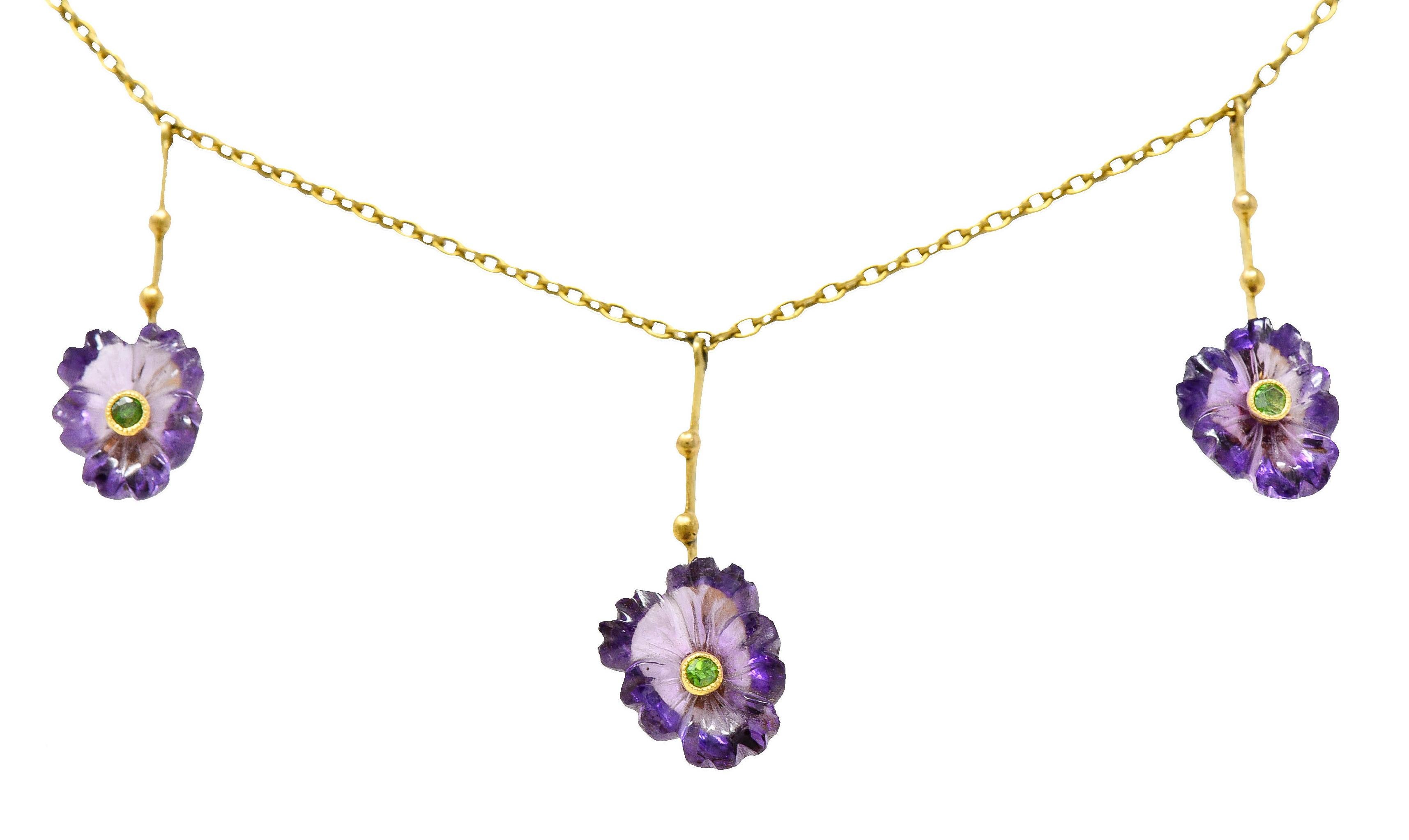 Victorian Amethyst Demantoid Garnet 18 Karat Gold Flower Drop Necklace 3