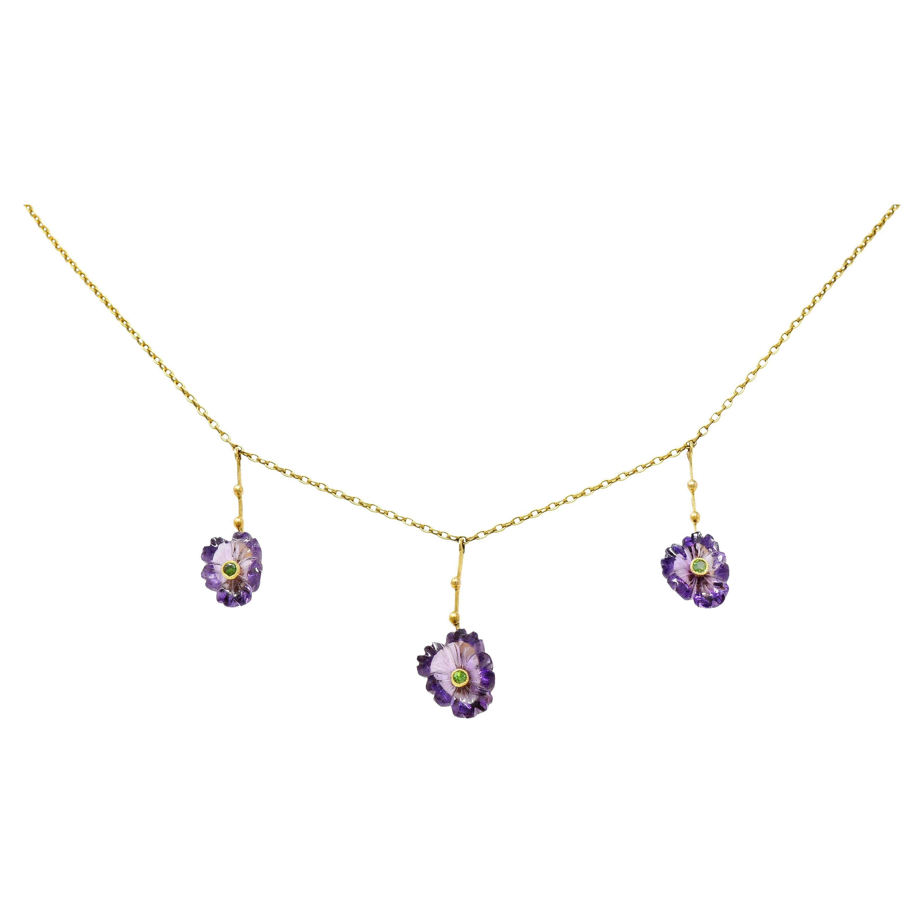 Victorian Amethyst Demantoid Garnet 18 Karat Gold Flower Drop Necklace