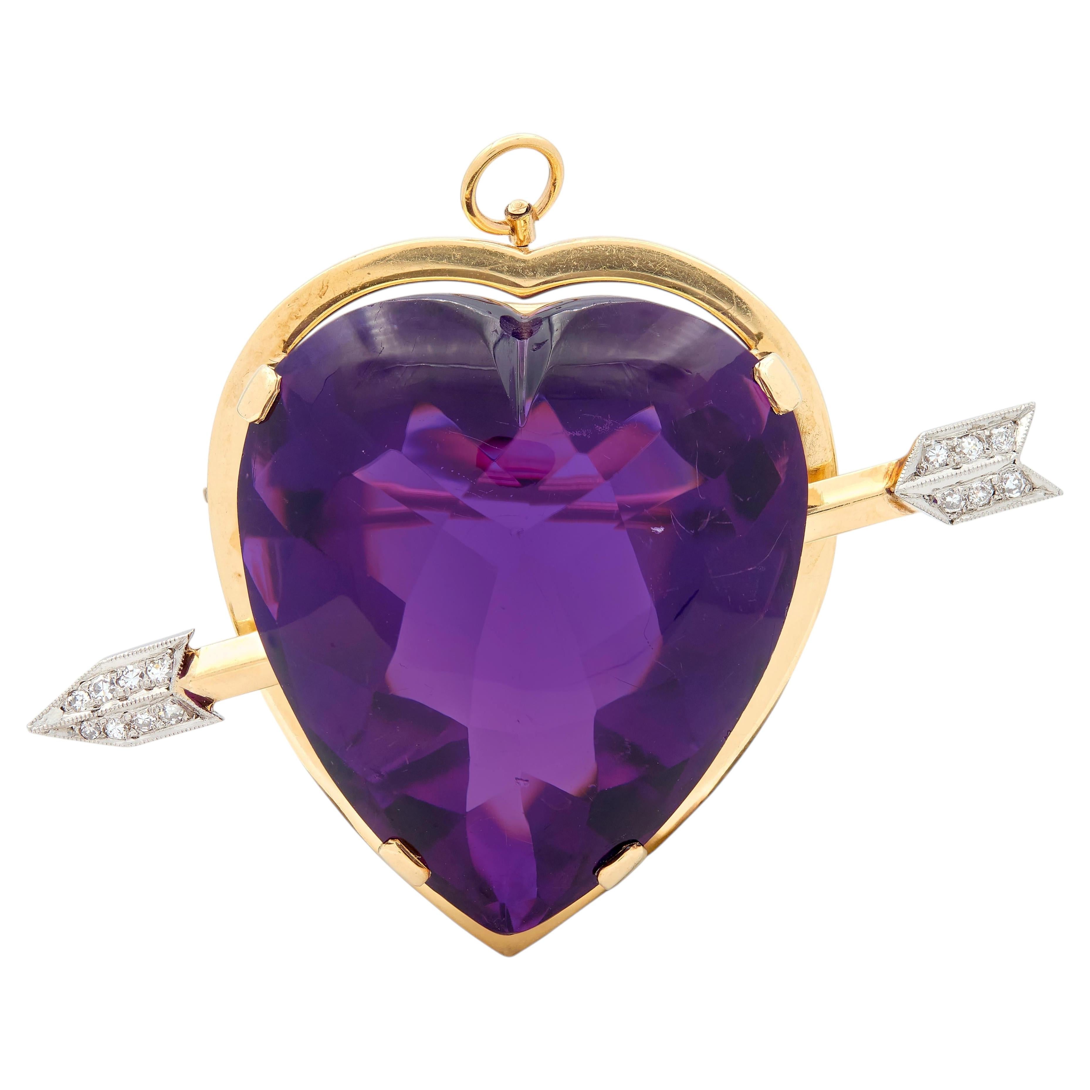 Victorian Amethyst Diamond 14 Karat Gold Antique Arrow & Heart Pendant Brooch