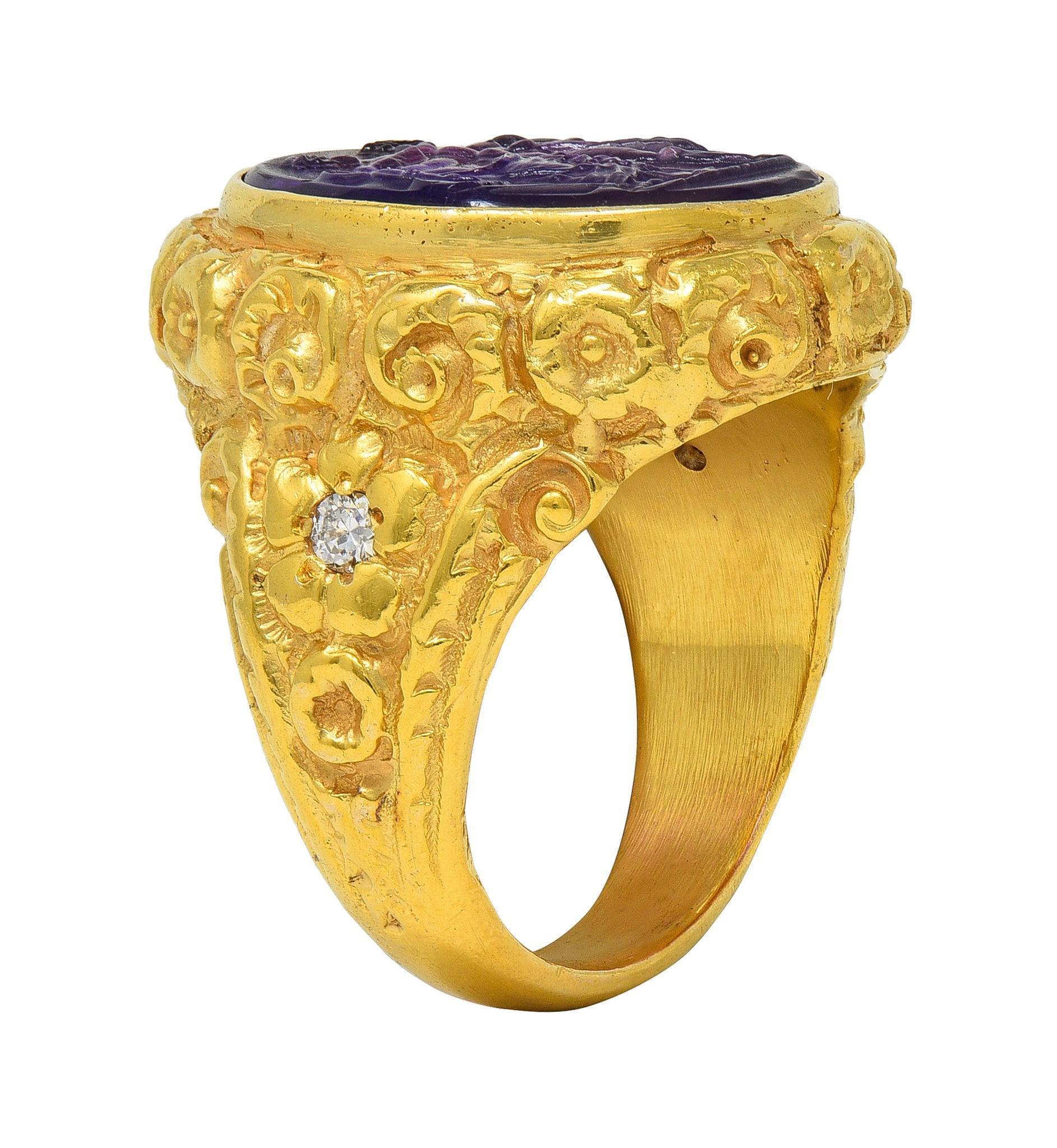 Victorian Amethyst Diamond 14K Gold Antique Greek Unisex Intaglio Signet Ring For Sale 5