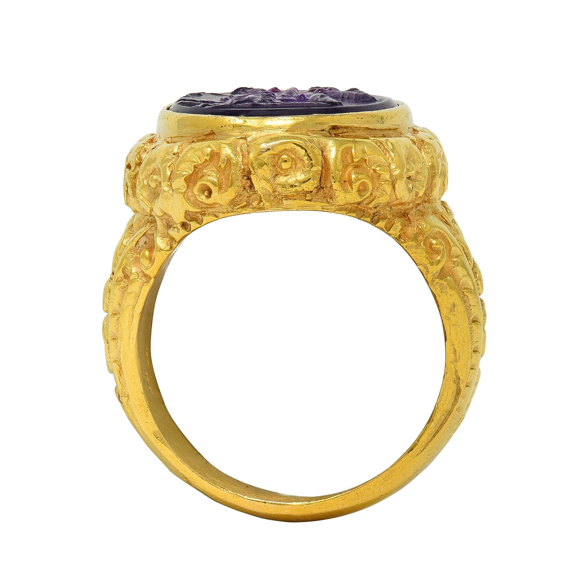 Victorian Amethyst Diamond 14K Gold Antique Greek Unisex Intaglio Signet Ring For Sale 6