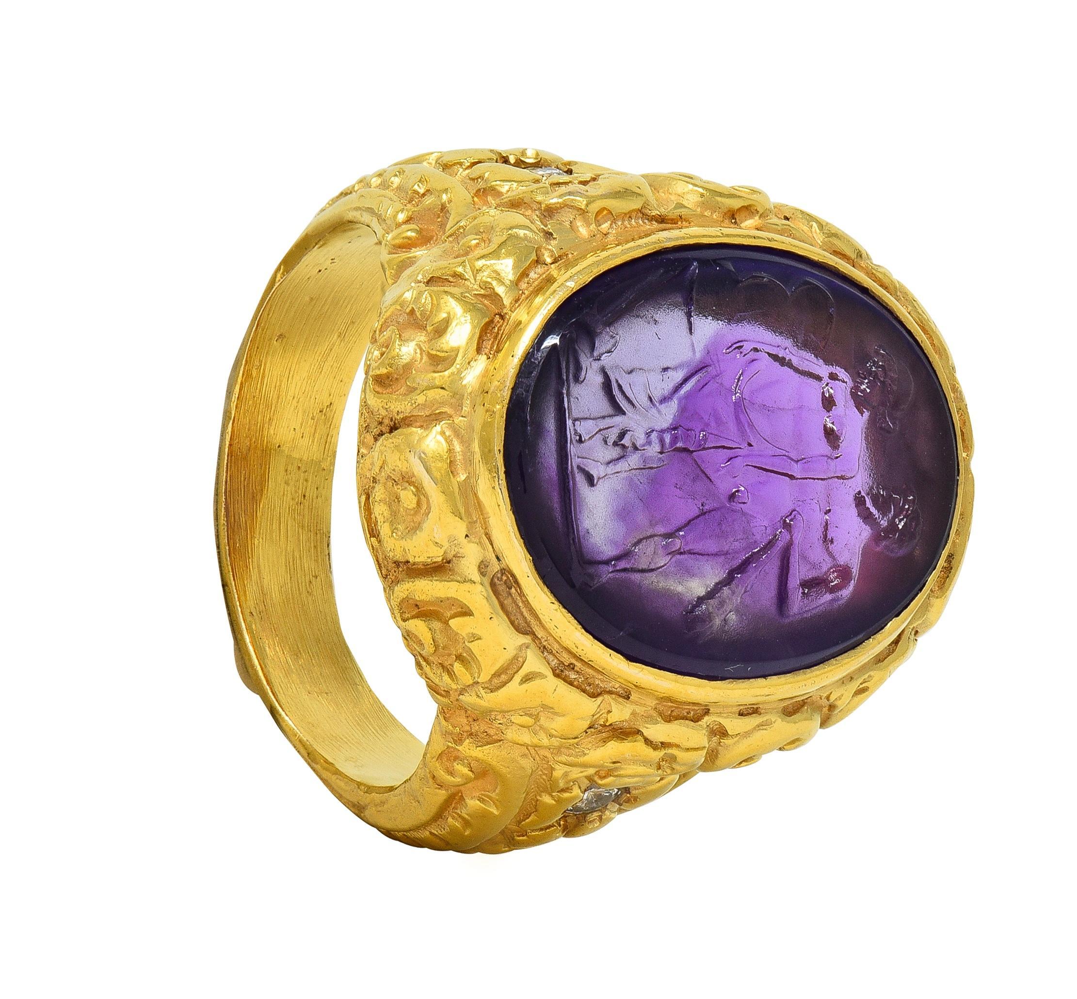 Victorian Amethyst Diamond 14K Gold Antique Greek Unisex Intaglio Signet Ring For Sale 7