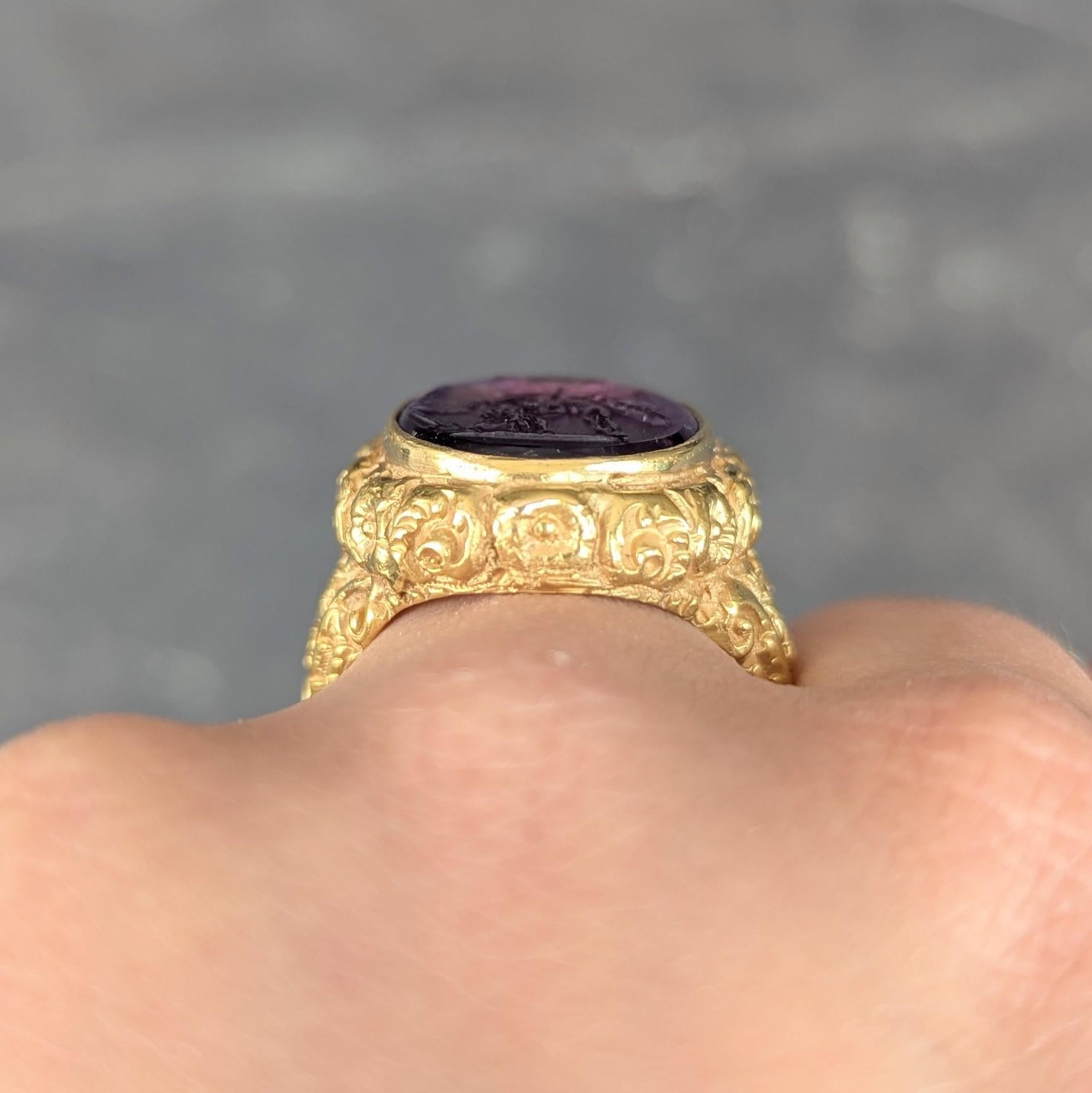 Victorian Amethyst Diamond 14K Gold Antique Greek Unisex Intaglio Signet Ring For Sale 8