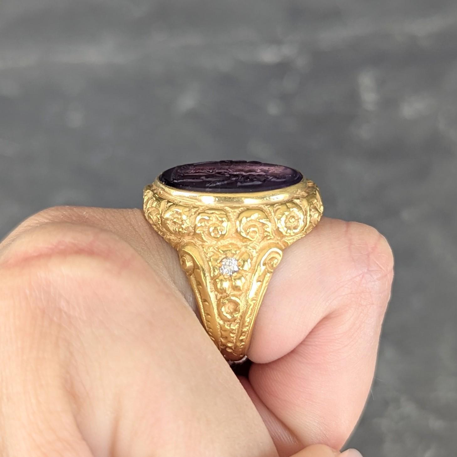 Victorian Amethyst Diamond 14K Gold Antique Greek Unisex Intaglio Signet Ring For Sale 9