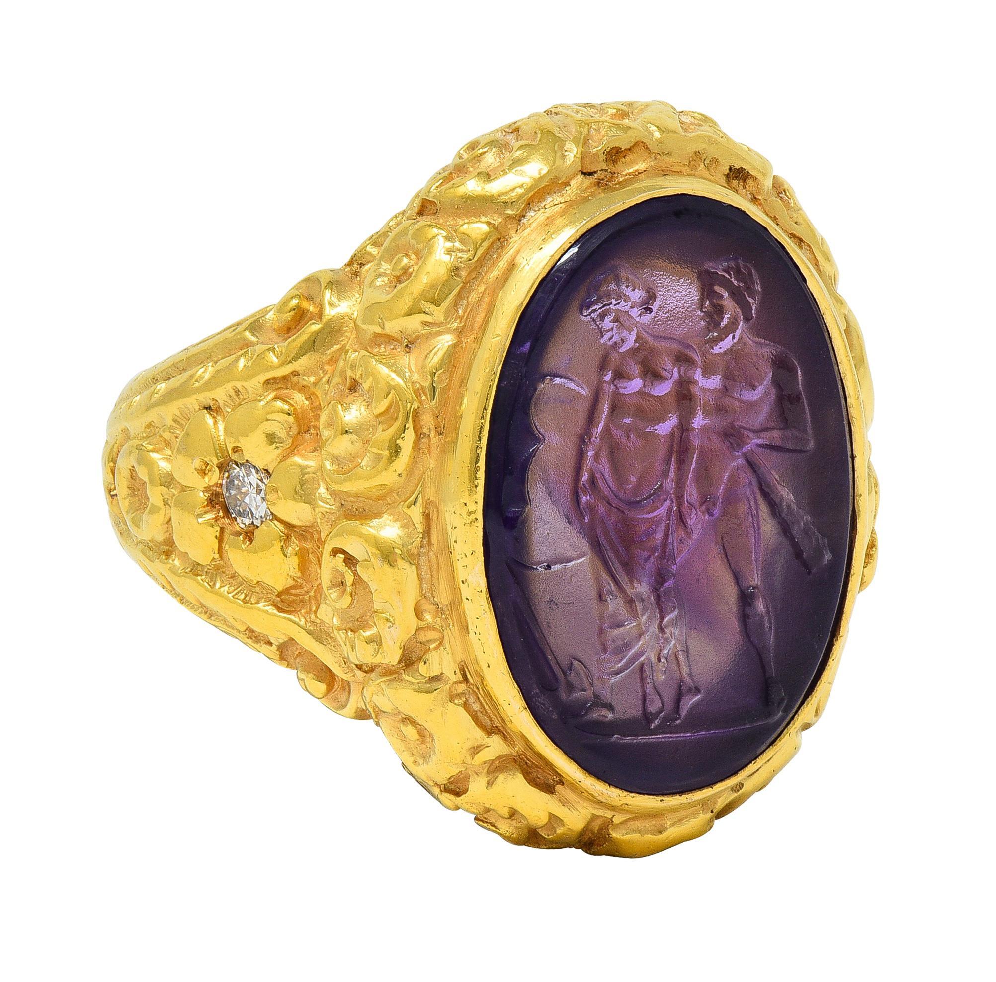 Late Victorian Victorian Amethyst Diamond 14K Gold Antique Greek Unisex Intaglio Signet Ring For Sale