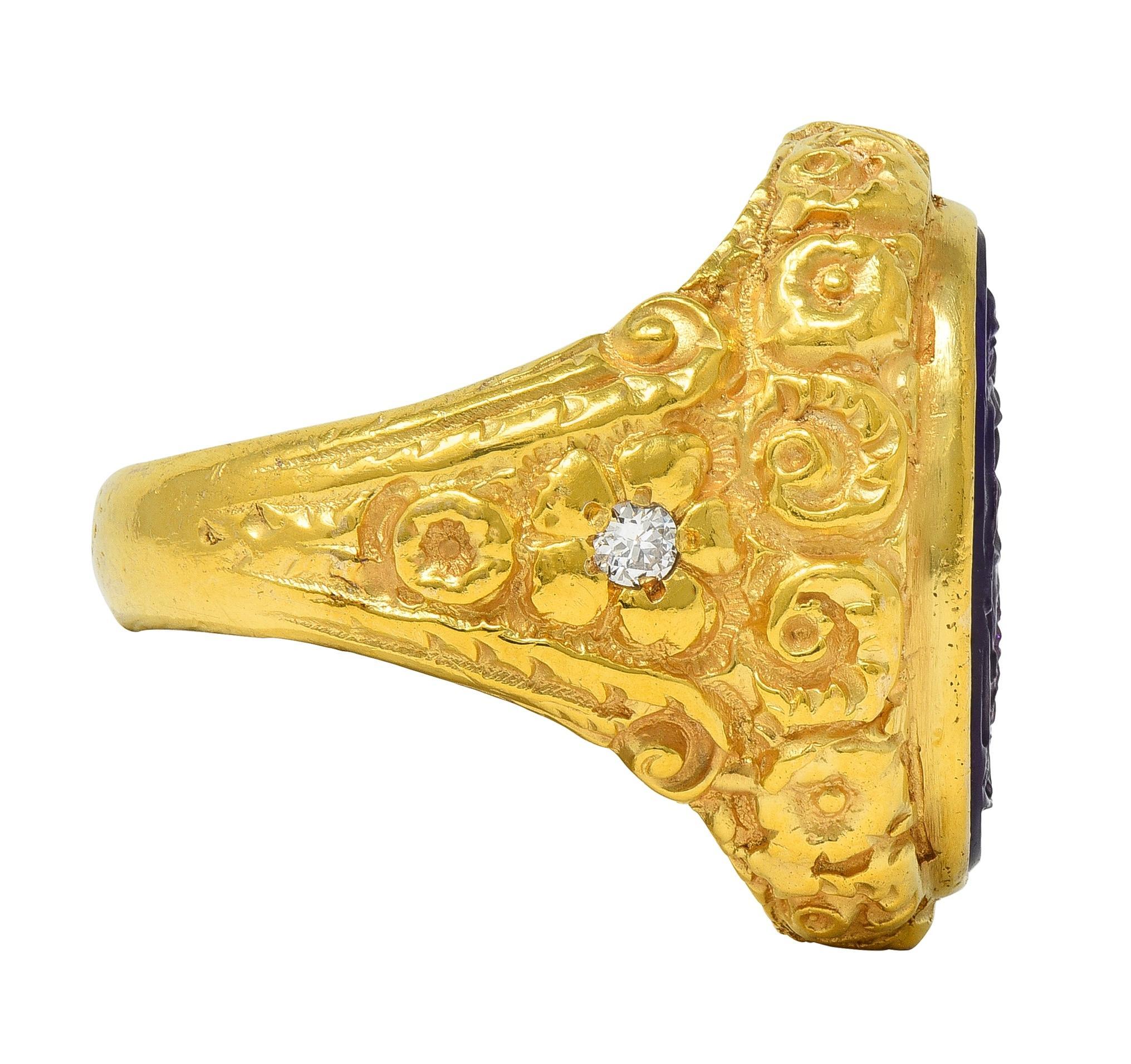 Oval Cut Victorian Amethyst Diamond 14K Gold Antique Greek Unisex Intaglio Signet Ring For Sale