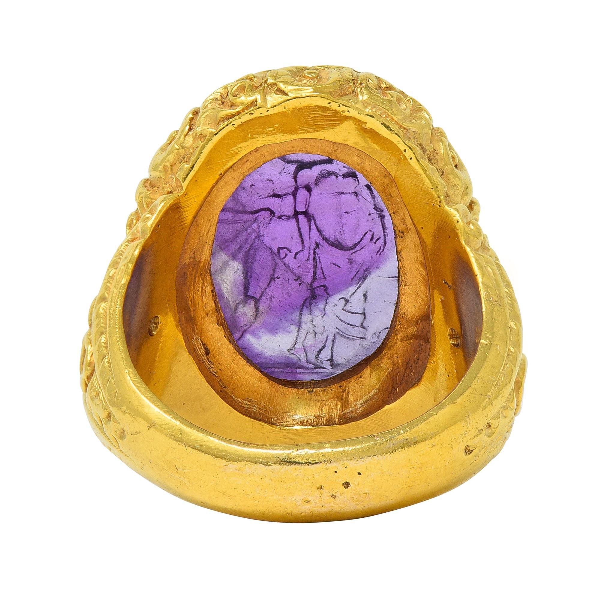 Victorian Amethyst Diamond 14K Gold Antique Greek Unisex Intaglio Signet Ring In Excellent Condition For Sale In Philadelphia, PA