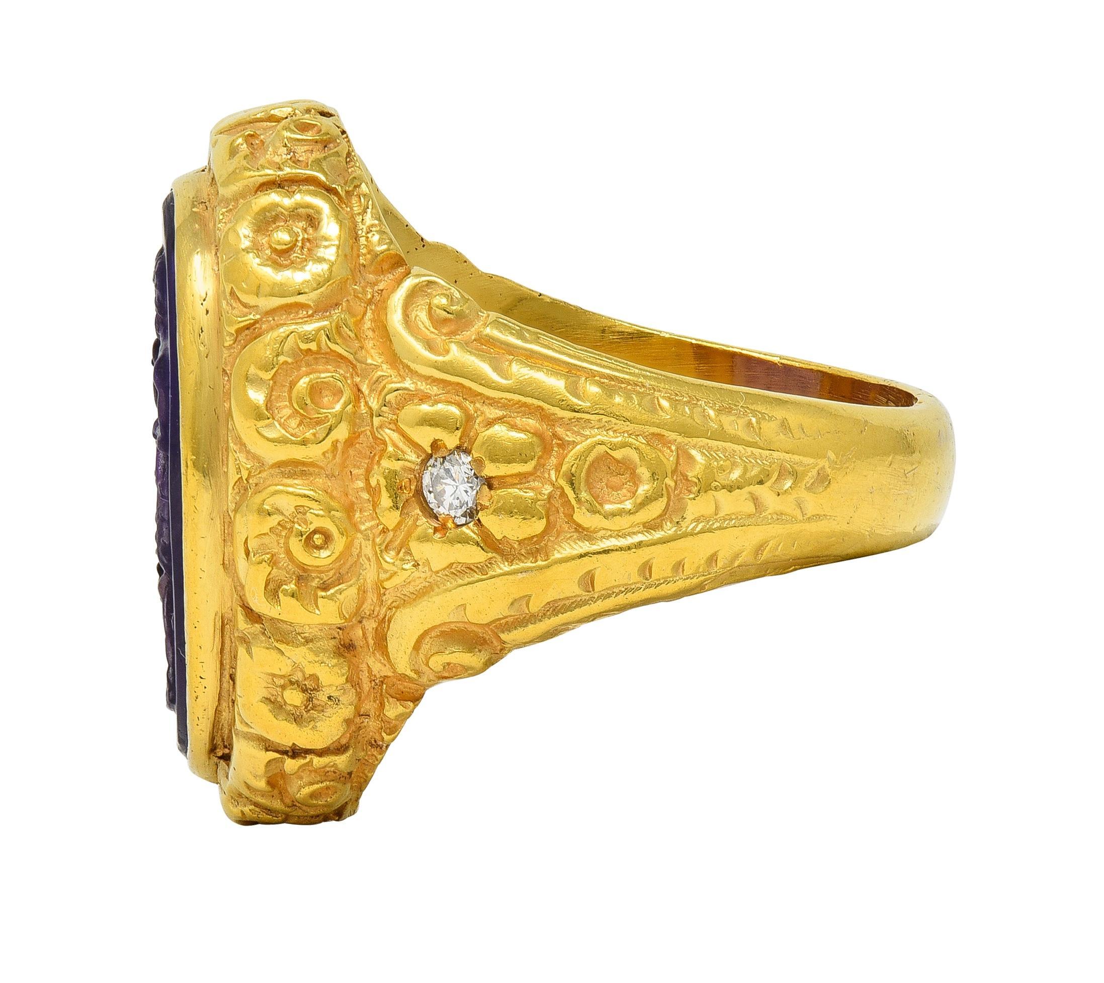 Victorian Amethyst Diamond 14K Gold Antique Greek Unisex Intaglio Signet Ring For Sale 1