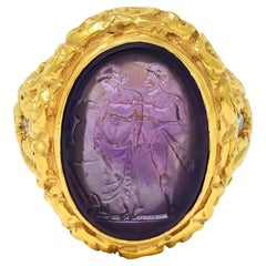 Victorian Amethyst Diamond 14K Gold Antique Greek Unisex Intaglio Signet Ring