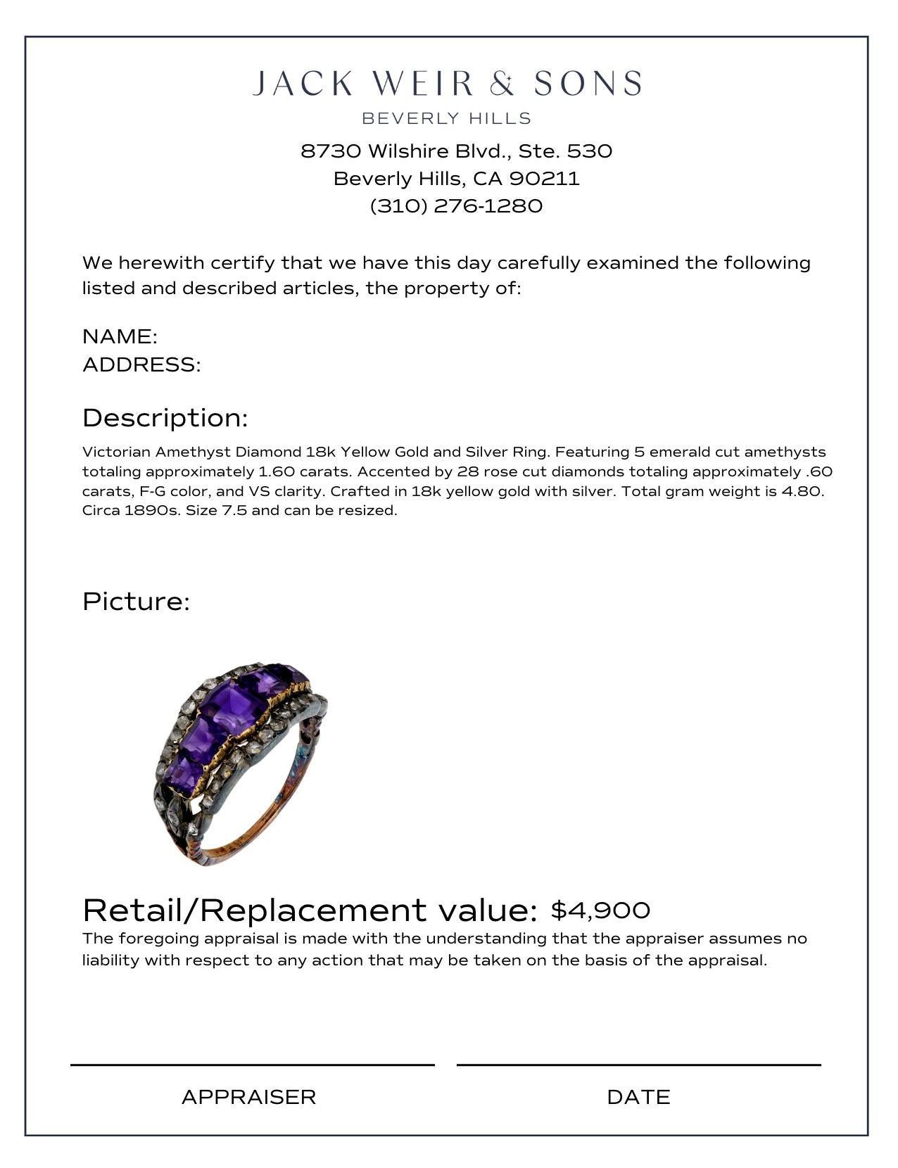 Women's Victorian amethyst diamond 18k yellow gold and silver ring